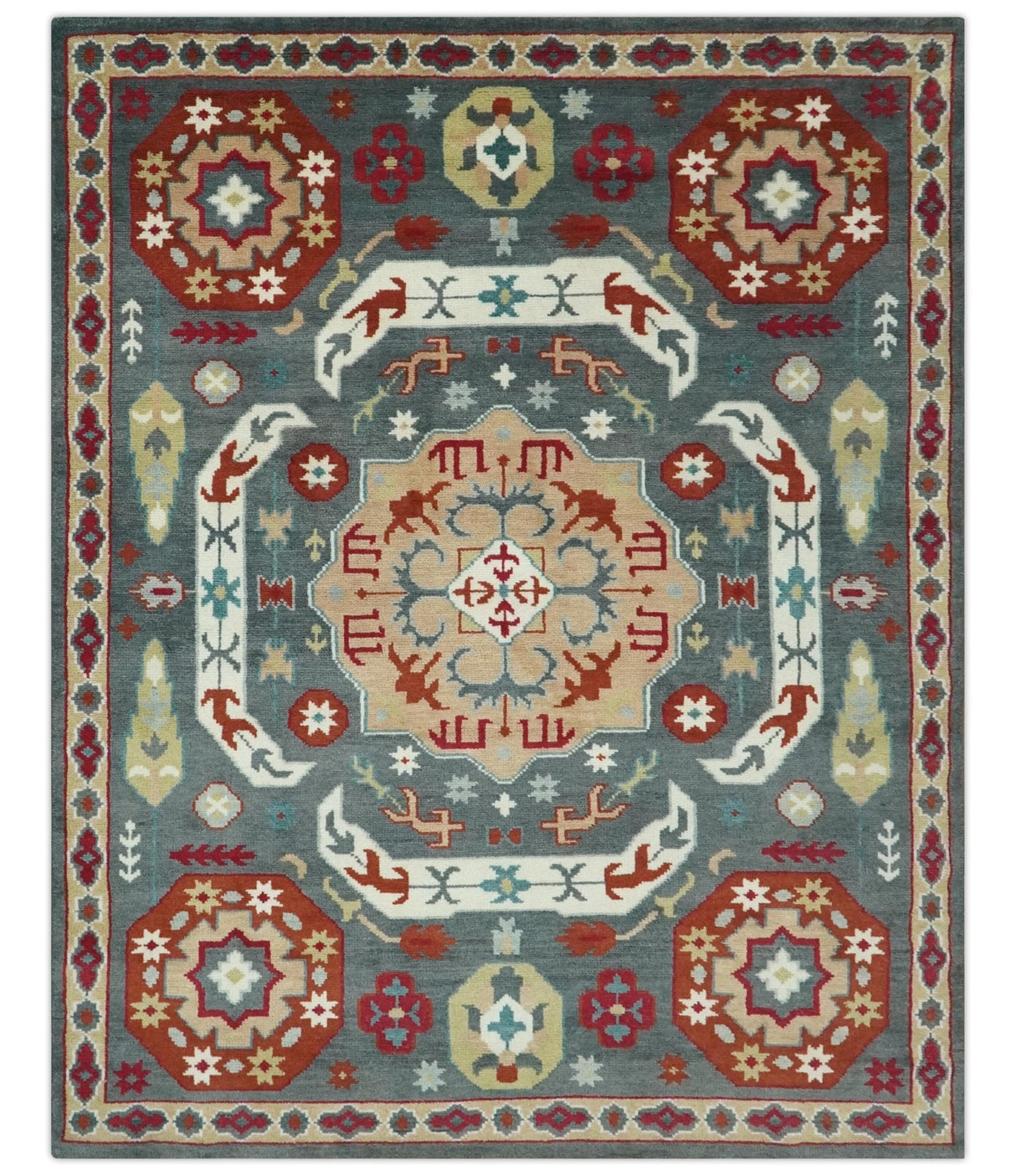 Custom Made Gray, Rust and Peach Traditional Medallion Mamluk Design wool Rug