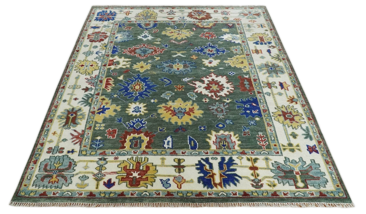 Custom Made Green and Ivory Colorful Hand knotted Traditional Oushak wool Area Rug