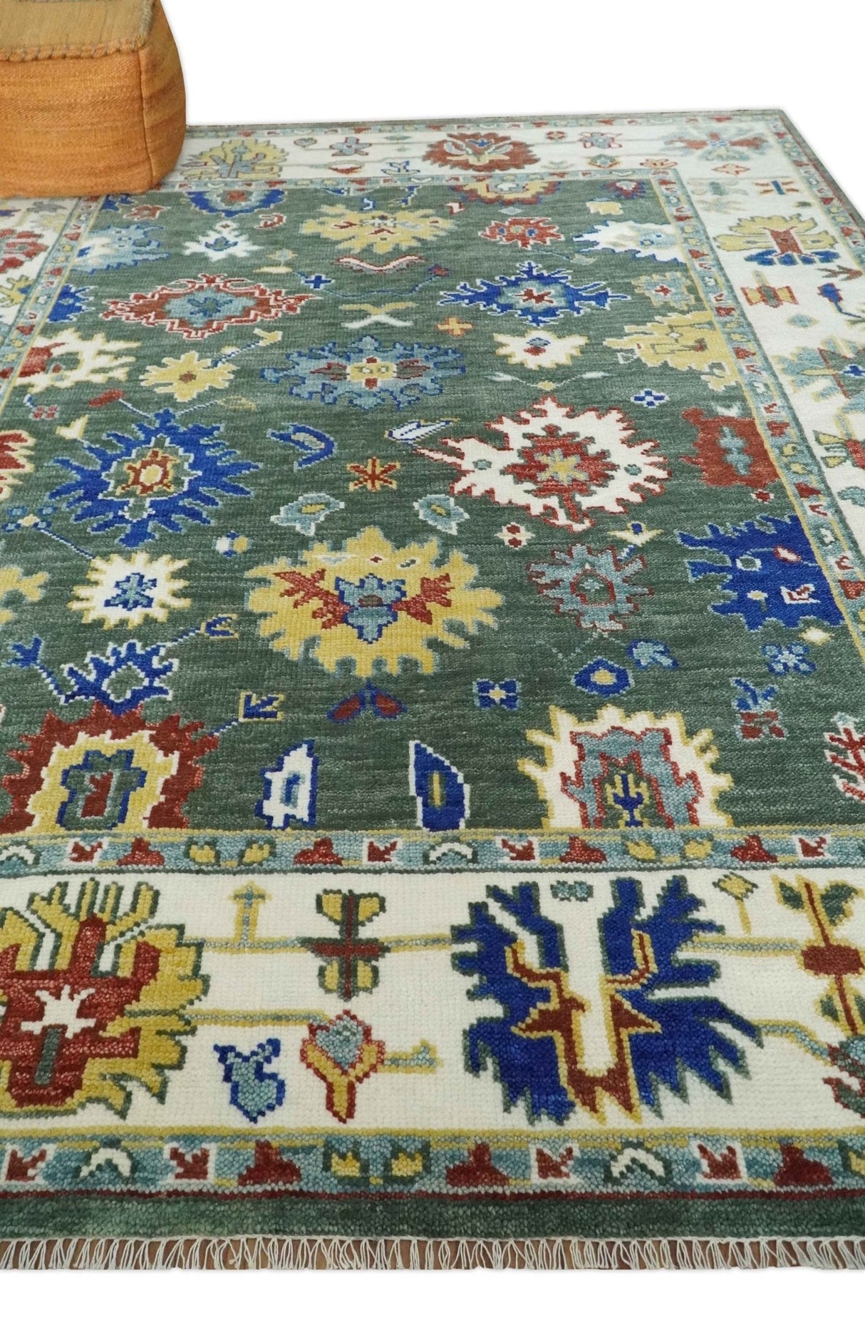 Custom Made Green and Ivory Colorful Hand knotted Traditional Oushak wool Area Rug