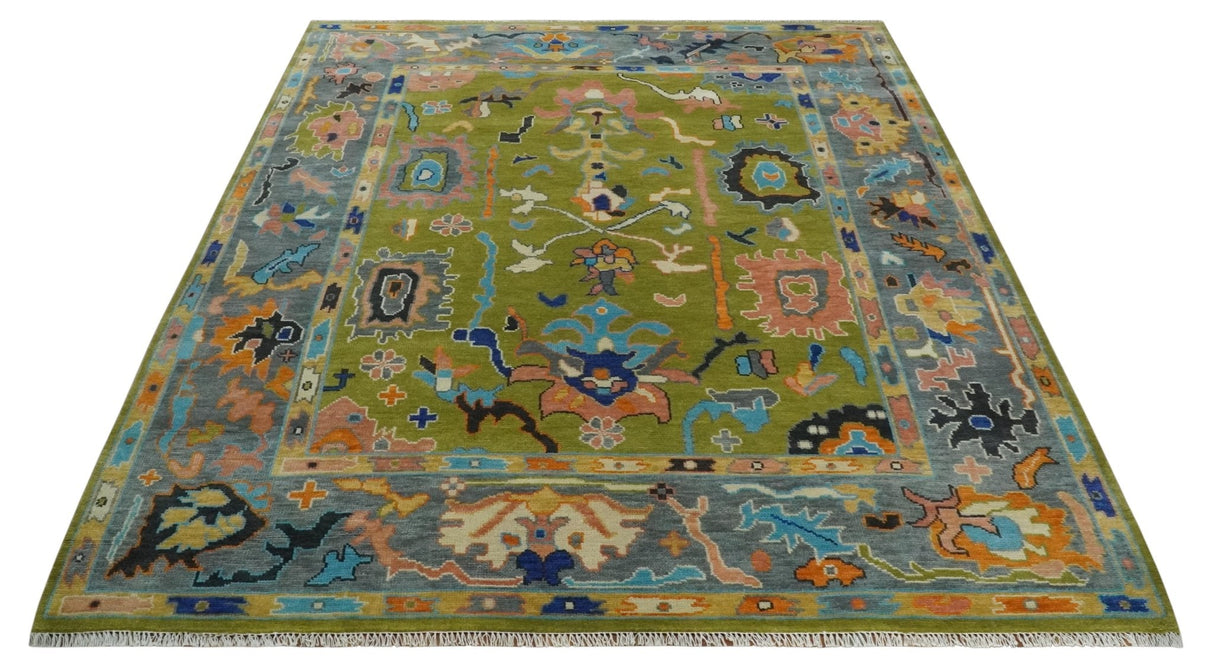 Custom Made Green, Gray and Peach Colorful Hand knotted Traditional Oushak wool Area Rug