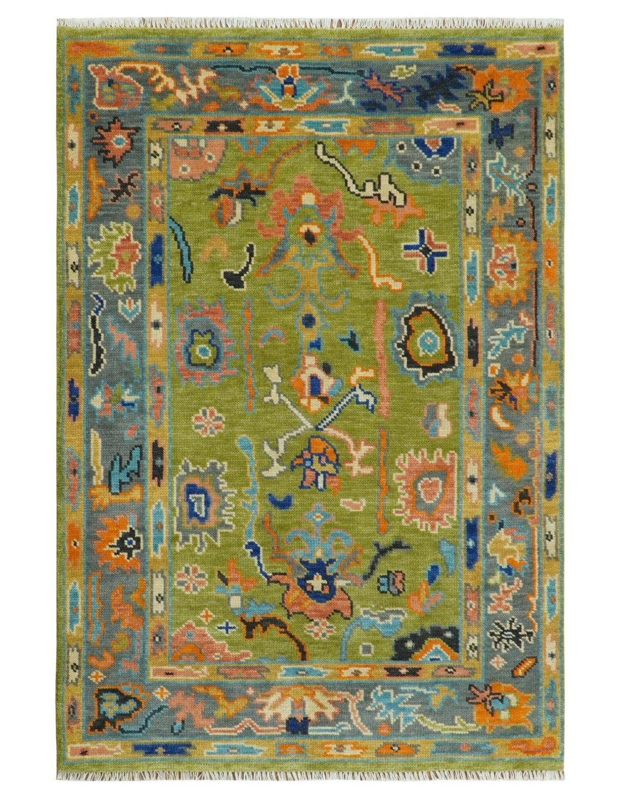 Custom Made Green, Gray and Peach Colorful Hand knotted Traditional Oushak wool Area Rug