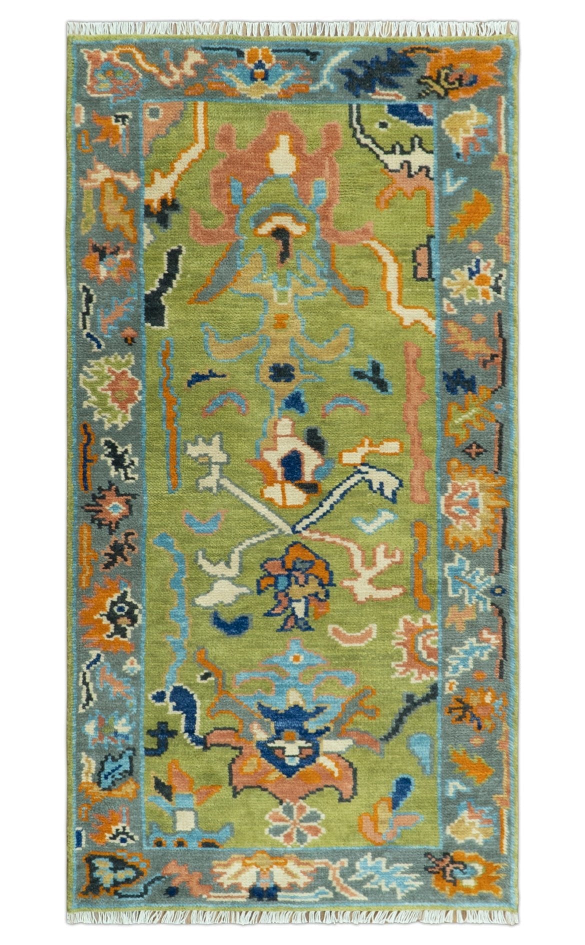 Custom Made Green, Gray and Peach Colorful Hand knotted Traditional Oushak wool Area Rug