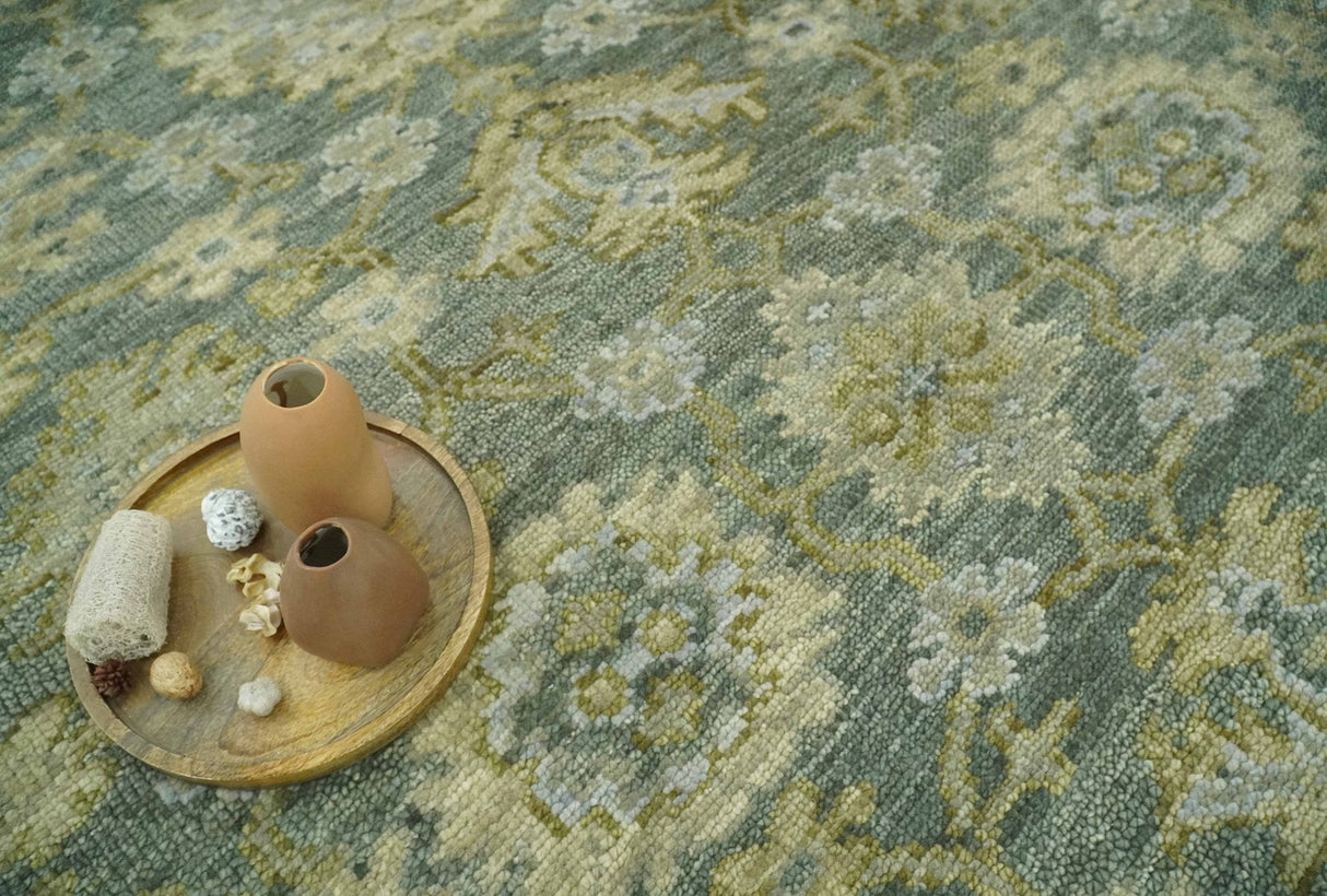 Custom Made Gray, Silver and Olive Hand knotted Traditional Oushak Wool Area Rug