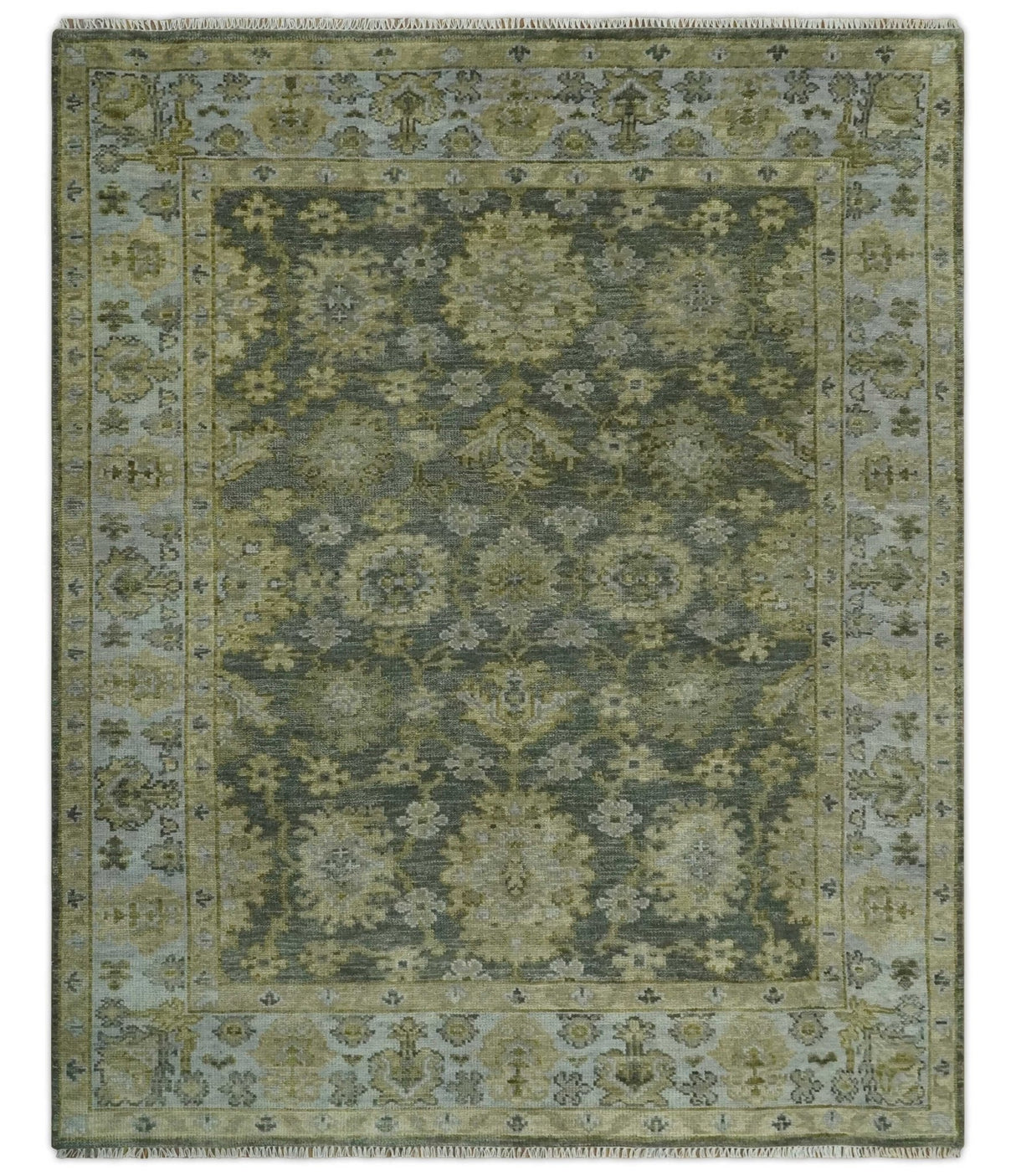 Custom Made Gray, Silver and Olive Hand knotted Traditional Oushak Wool Area Rug