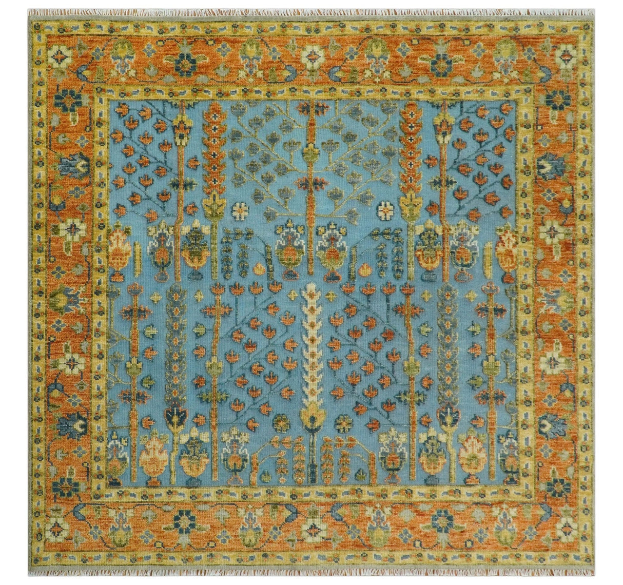 Custom Made Hand Knotted Blue and Rust Tree Design Low pile Wool Area Rug