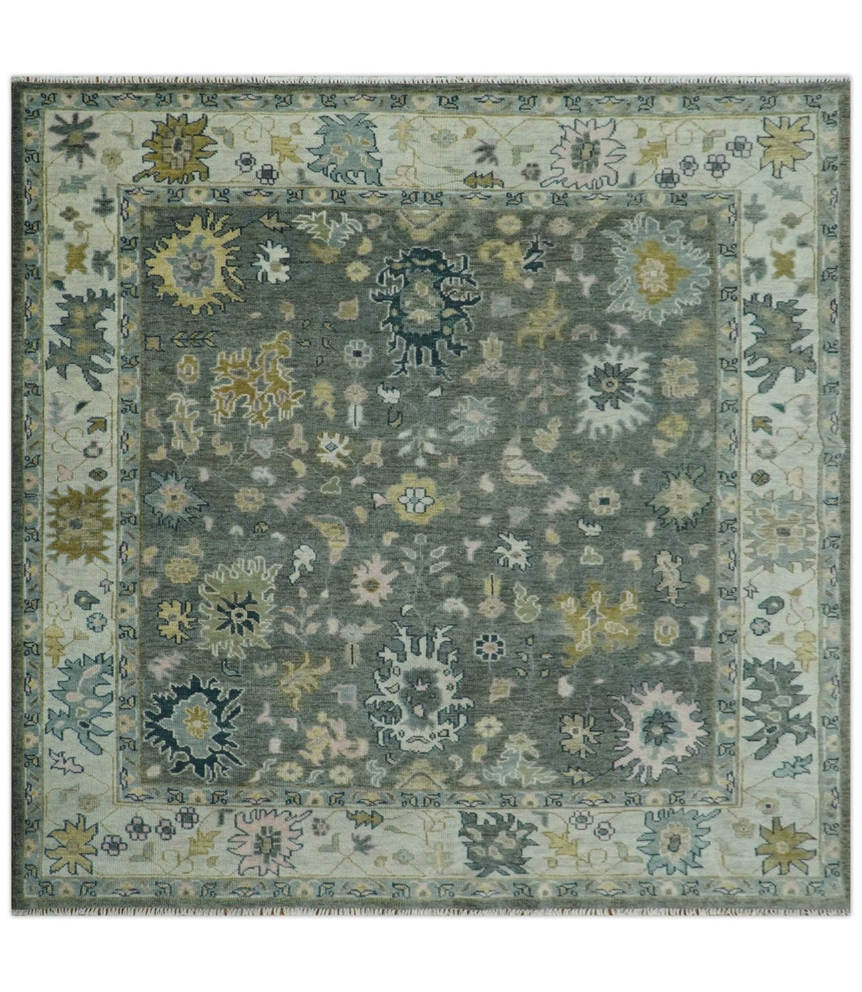 Custom Made Hand Knotted Charcoal and Ivory Traditional Oushak Wool Area Rug