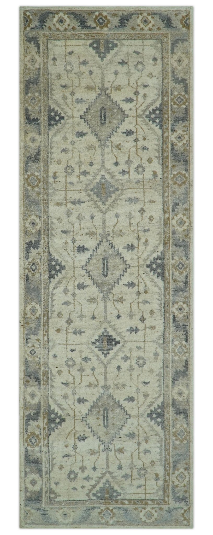 Custom Made Hand Knotted Ivory and Charcoal Traditional Tribal Natural Wool Area Rug, Kids, Living Room and Bedroom Rug