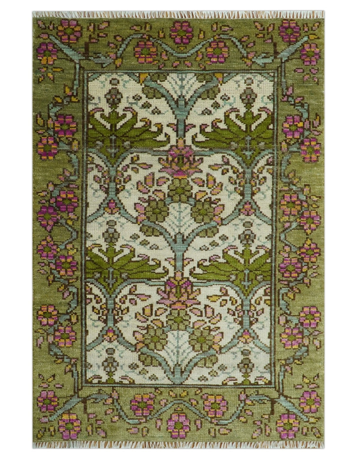 Custom Made Hand Knotted Ivory and Green Floral Traditional Antique Style Wool Area Rug