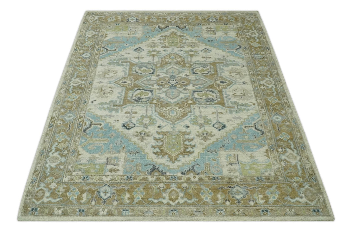 Custom Made Hand Knotted Ivory, Olive and Light Blue Traditional Wool Area Rug