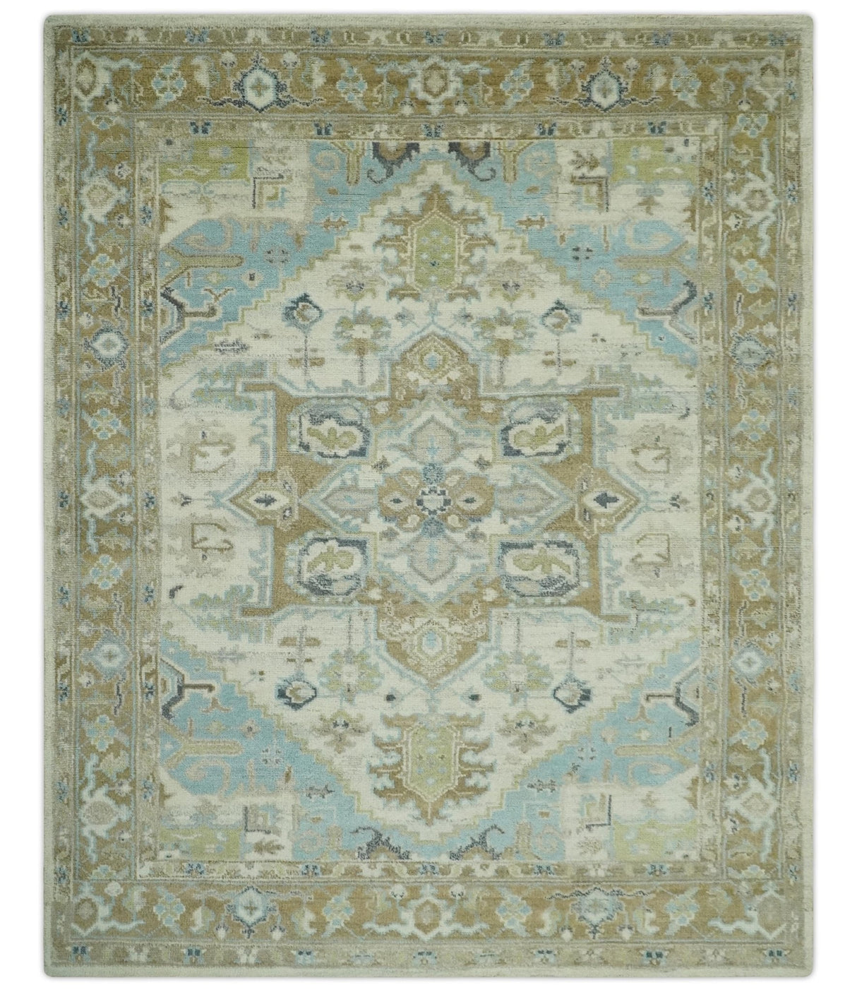 Custom Made Hand Knotted Ivory, Olive and Light Blue Traditional Wool Area Rug