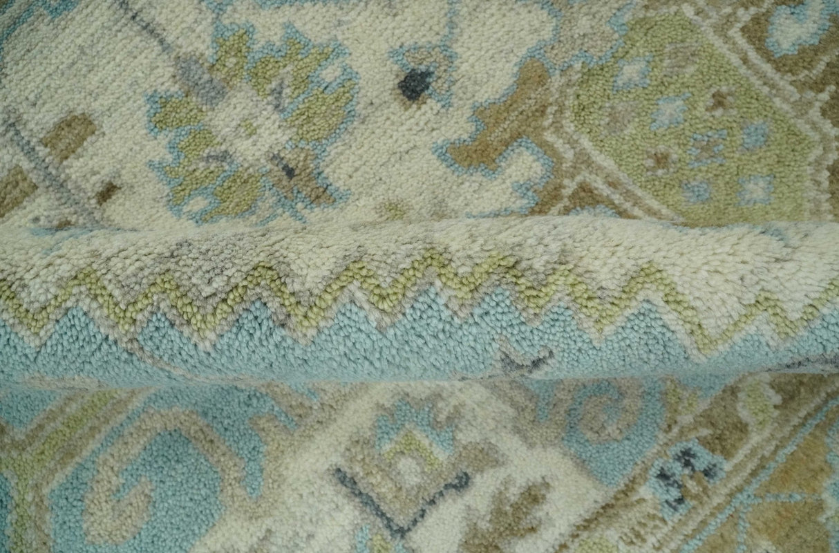 Custom Made Hand Knotted Ivory, Olive and Light Blue Traditional Wool Area Rug