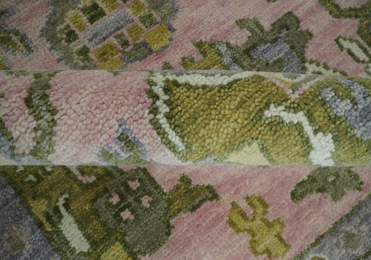 Custom Made Hand Knotted Peach, Ivory and Olive Traditional Style Wool Area Rug