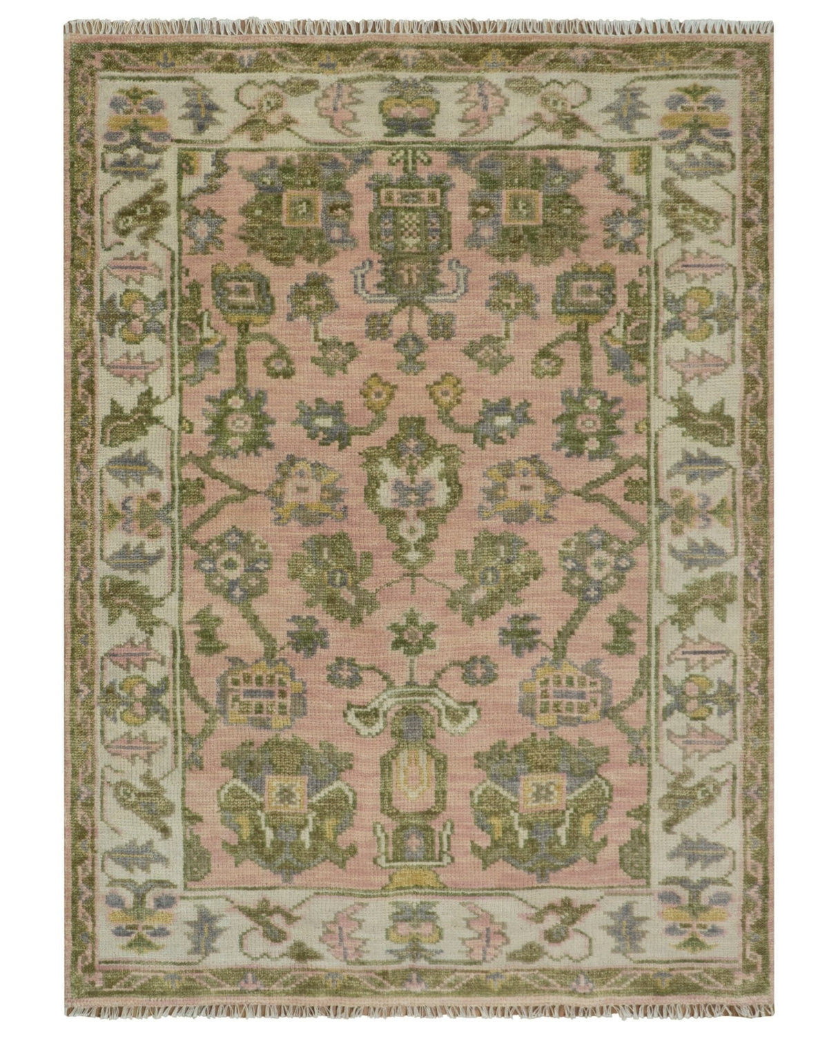 Custom Made Hand Knotted Peach, Ivory and Olive Traditional Style Wool Area Rug