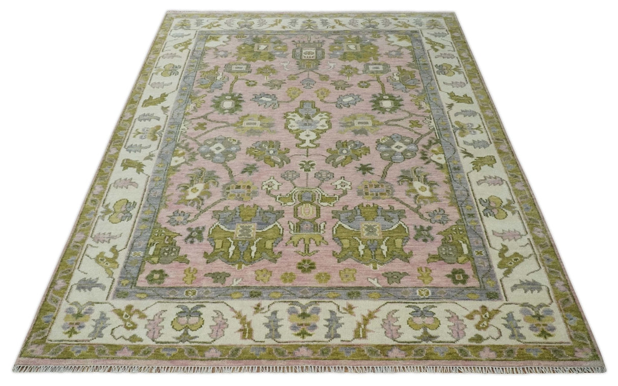 Custom Made Hand Knotted Peach, Ivory and Olive Traditional Style Wool Area Rug