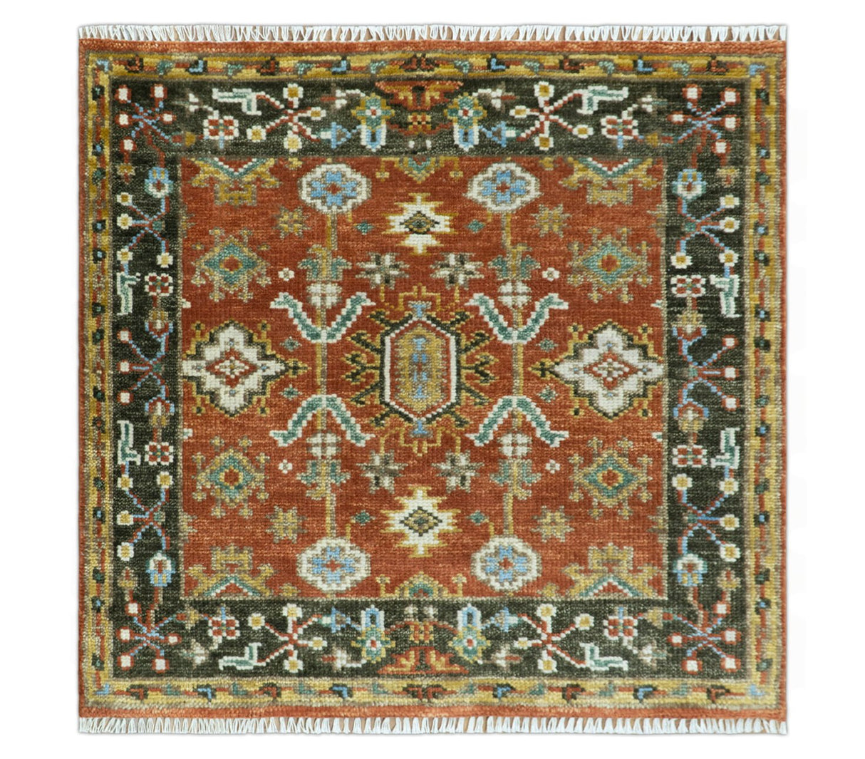 Custom Made Hand Knotted Rust and Black Traditional Wool Rug