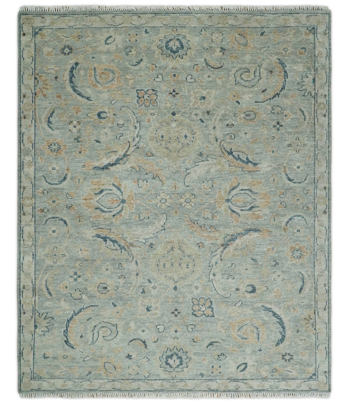 Custom Made Hand Knotted Silver and Blue Traditional Oushak Wool Rug