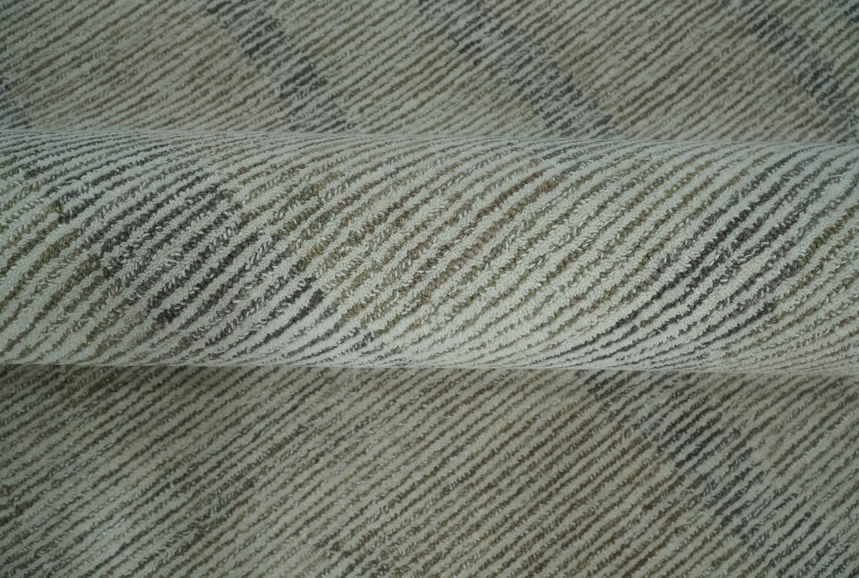 Custom Made Hand Tufted Ivory, Olive and Charcoal Modern Abstract Stripes Design Rug