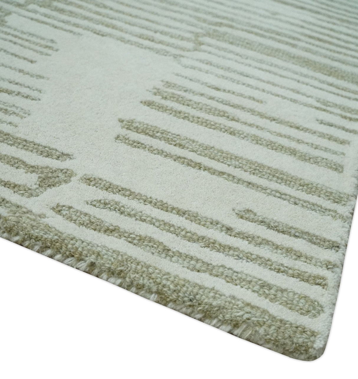 Custom Made Ivory and Olive Modern Stripes Design Hand Tufted wool Area Rug, Kids, Living Room and Bedroom Rug