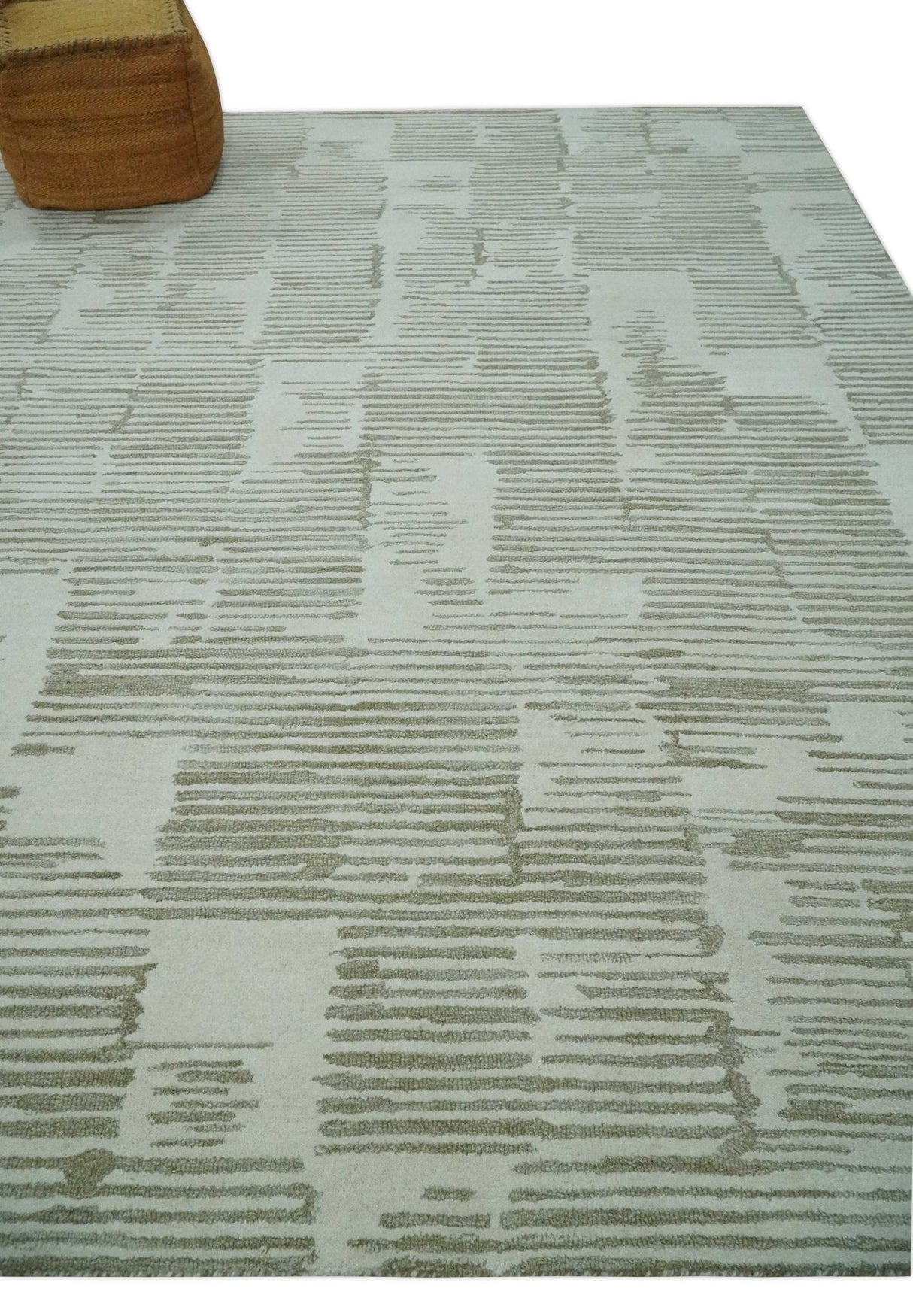 Custom Made Ivory and Olive Modern Stripes Design Hand Tufted wool Area Rug, Kids, Living Room and Bedroom Rug