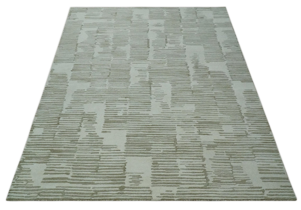 Custom Made Ivory and Olive Modern Stripes Design Hand Tufted wool Area Rug, Kids, Living Room and Bedroom Rug