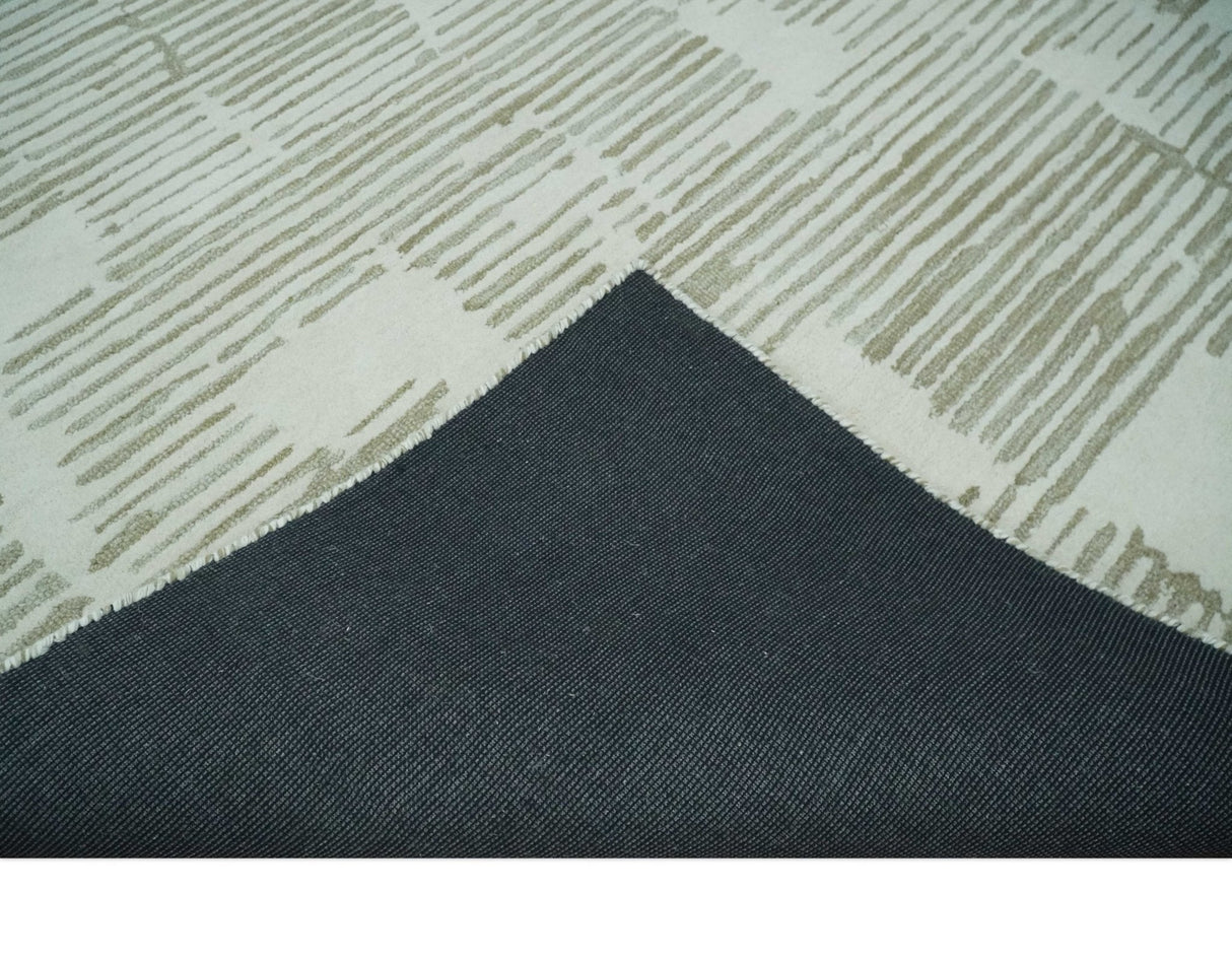 Custom Made Ivory and Olive Modern Stripes Design Hand Tufted wool Area Rug, Kids, Living Room and Bedroom Rug