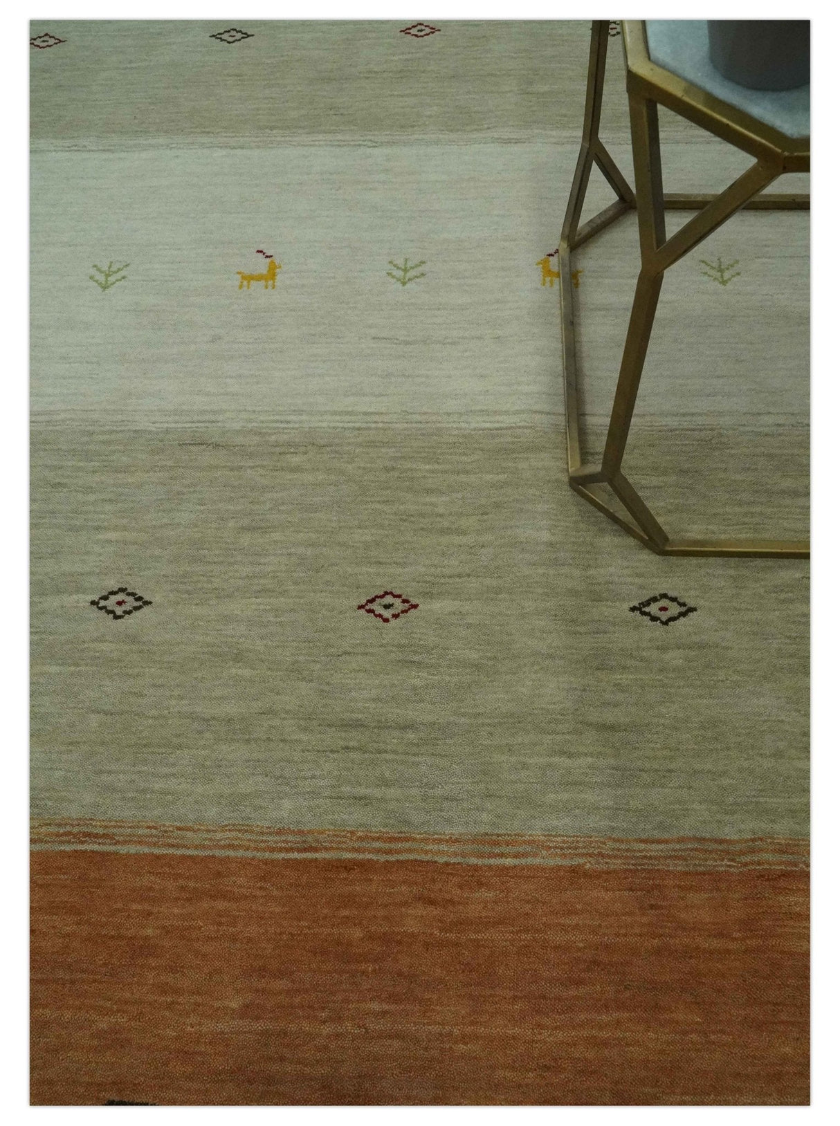 Custom Made Ivory, Beige and Rust Geometrical stripes Design Hand loom Wool Area Rug