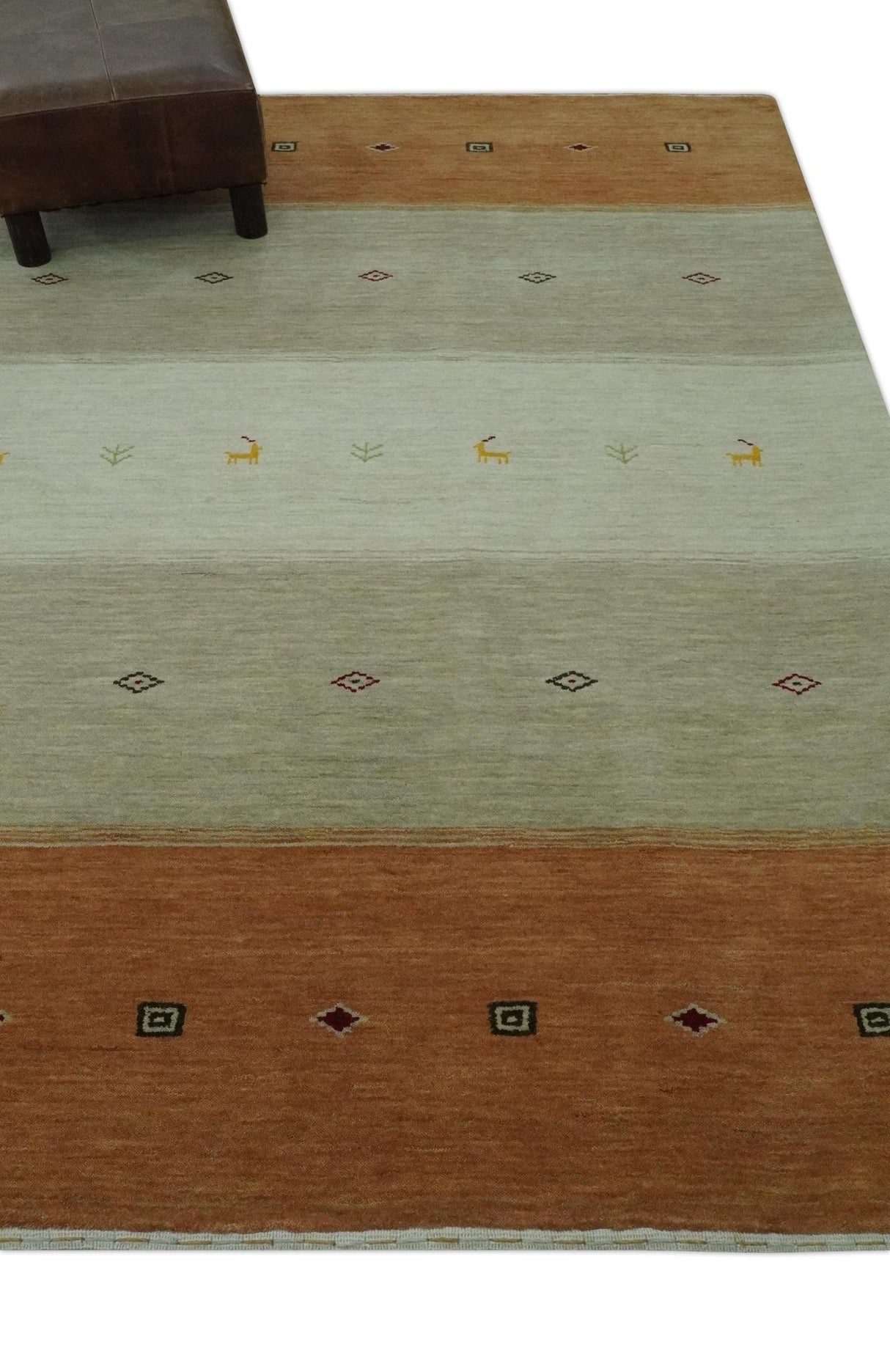 Custom Made Ivory, Beige and Rust Geometrical stripes Design Hand loom Wool Area Rug