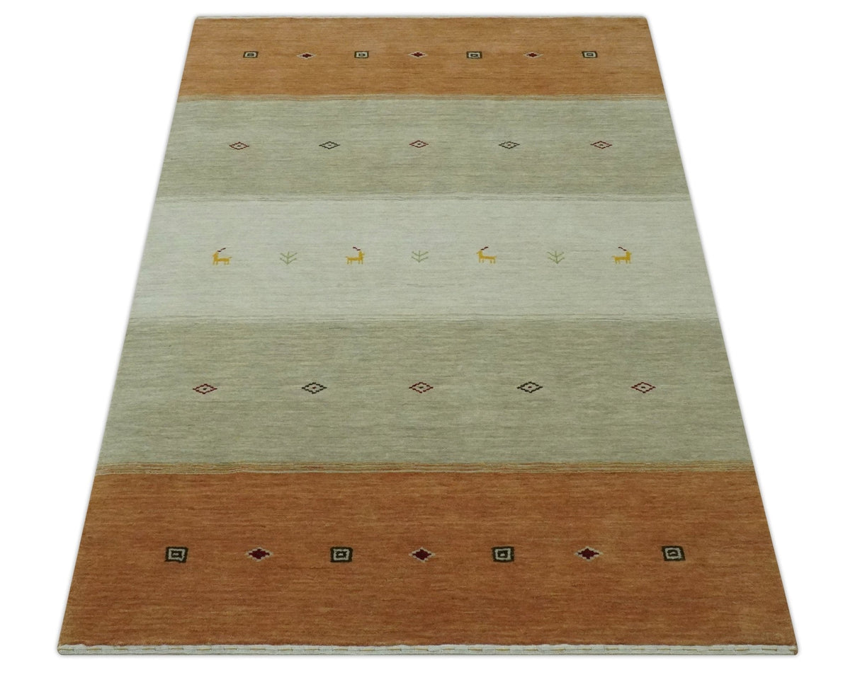 Custom Made Ivory, Beige and Rust Geometrical stripes Design Hand loom Wool Area Rug