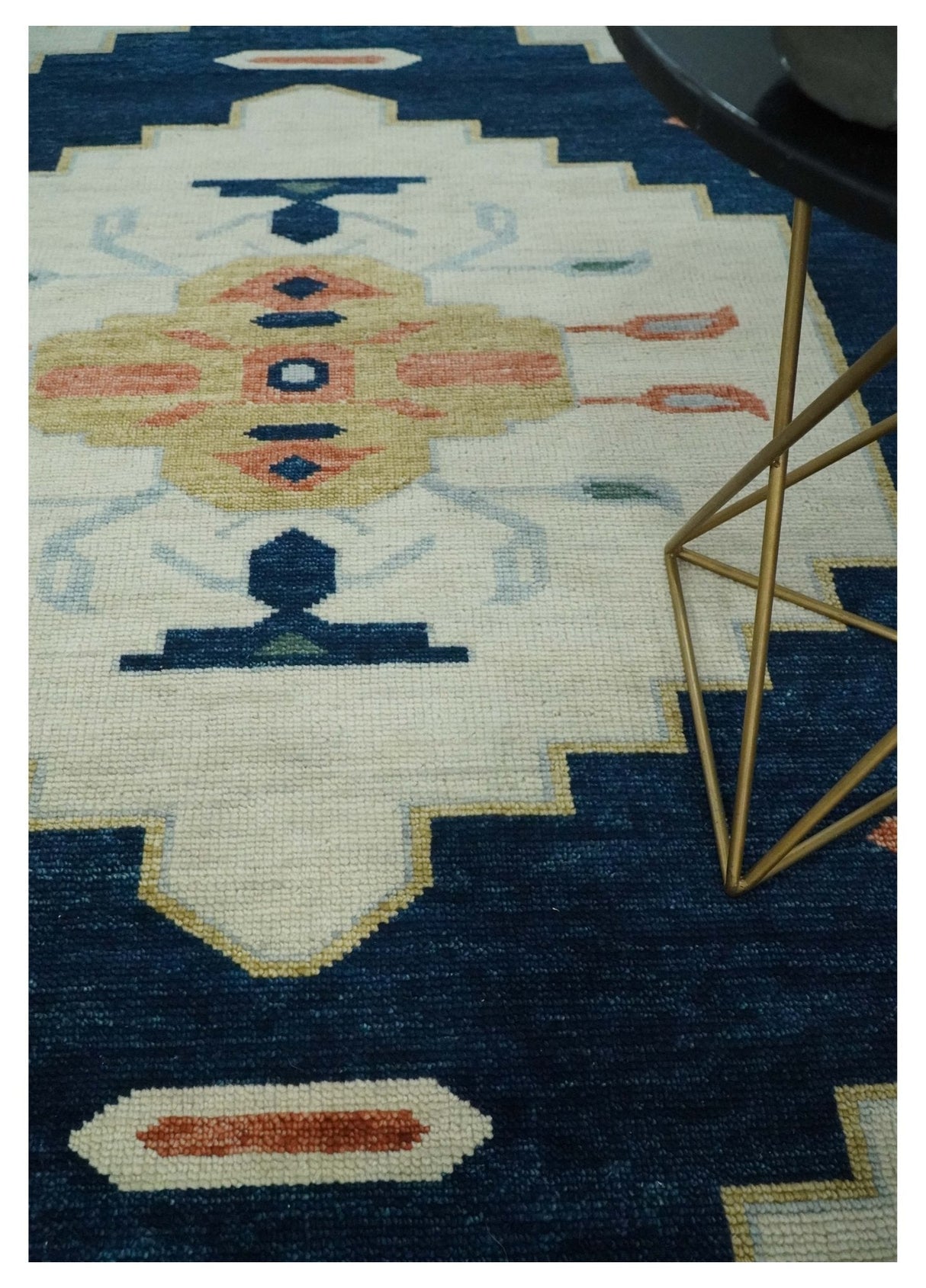 Custom Made Ivory, Blue, Beige and Rust Hand Knotted Traditional Heriz Wool Area Rug
