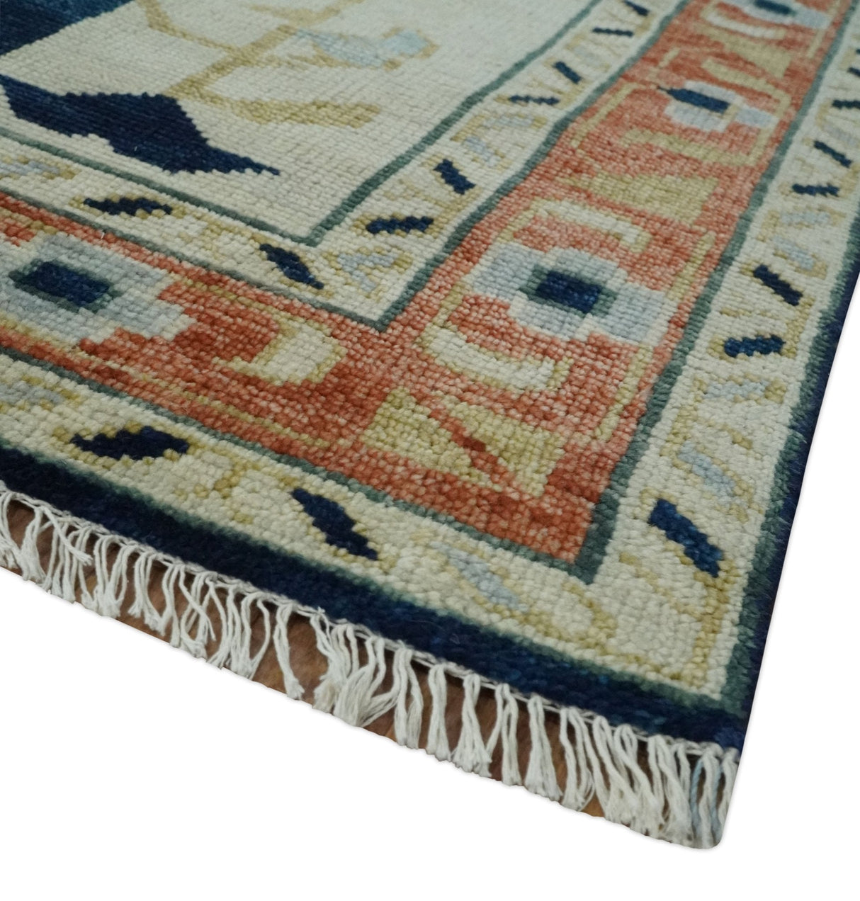Custom Made Ivory, Blue, Beige and Rust Hand Knotted Traditional Heriz Wool Area Rug