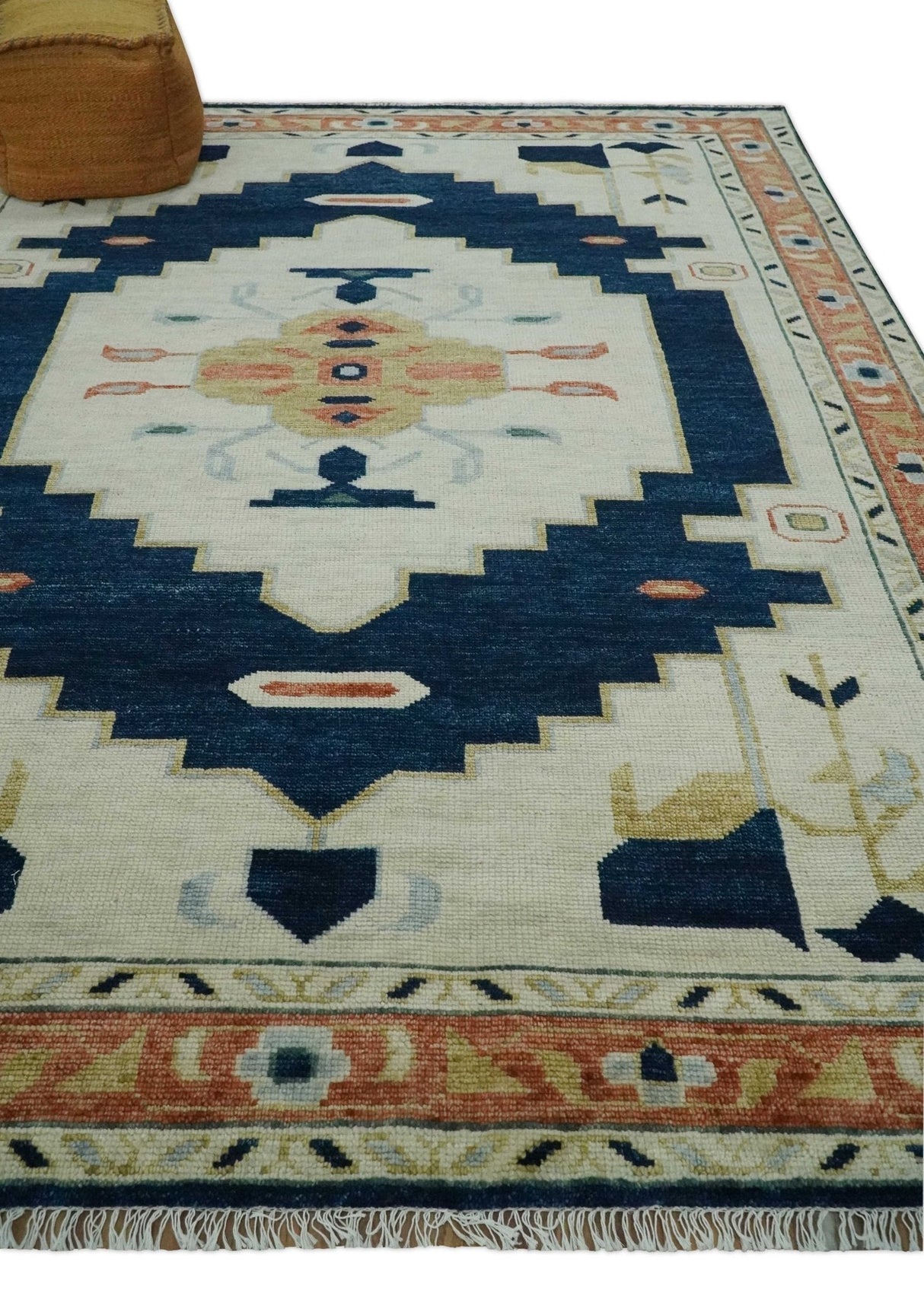 Custom Made Ivory, Blue, Beige and Rust Hand Knotted Traditional Heriz Wool Area Rug