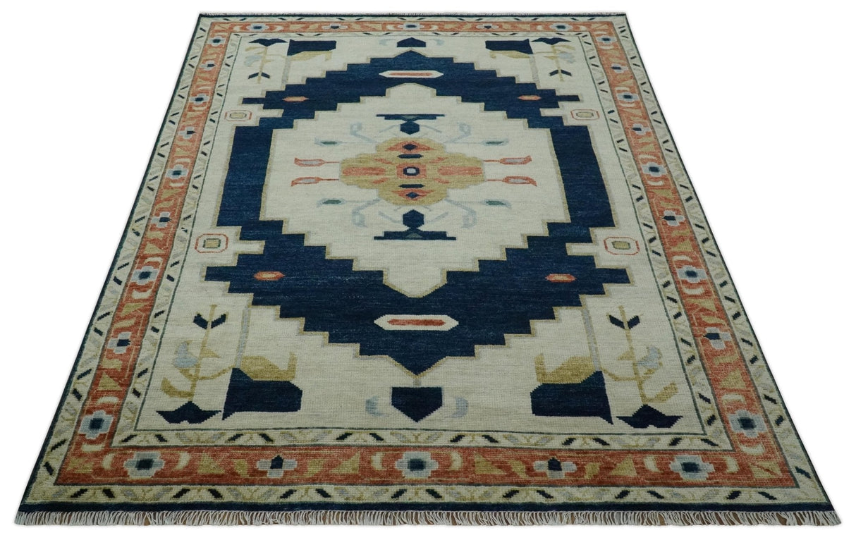 Custom Made Ivory, Blue, Beige and Rust Hand Knotted Traditional Heriz Wool Area Rug