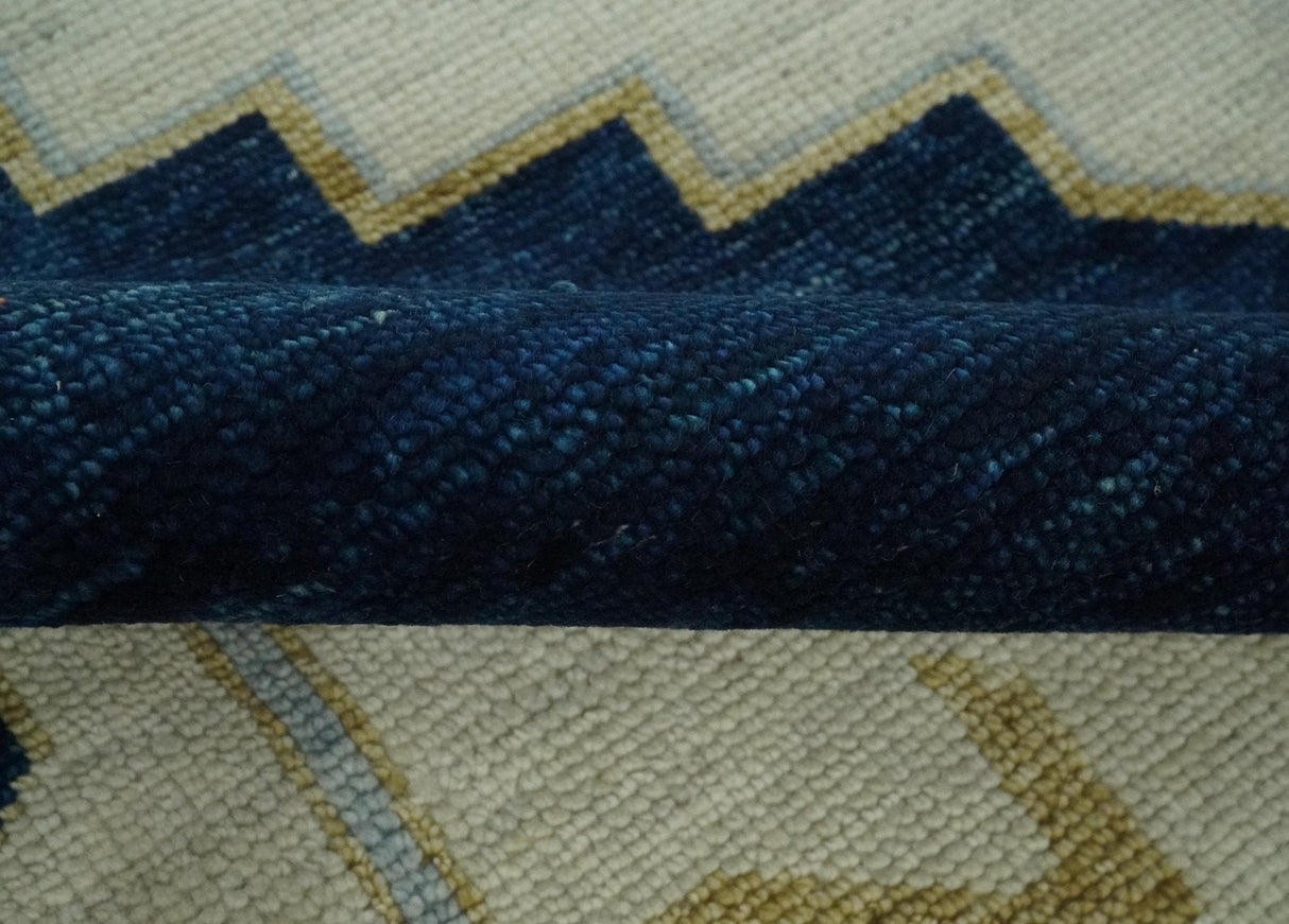 Custom Made Ivory, Blue, Beige and Rust Hand Knotted Traditional Heriz Wool Area Rug