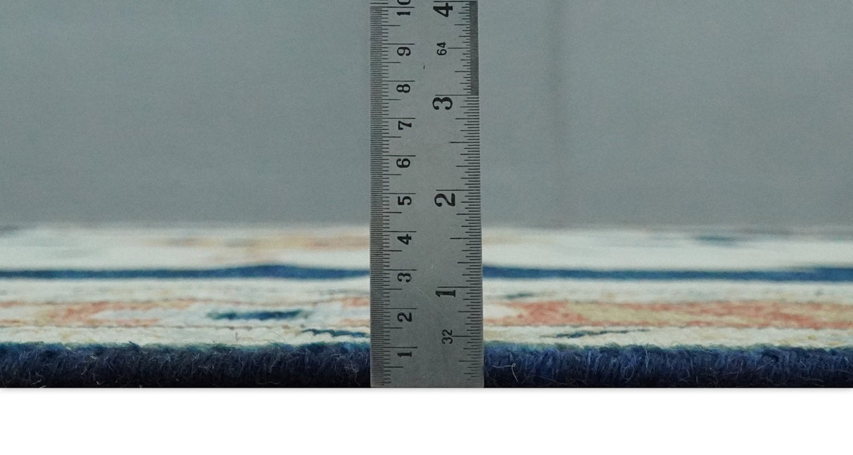 Custom Made Ivory, Blue, Beige and Rust Hand Knotted Traditional Heriz Wool Area Rug