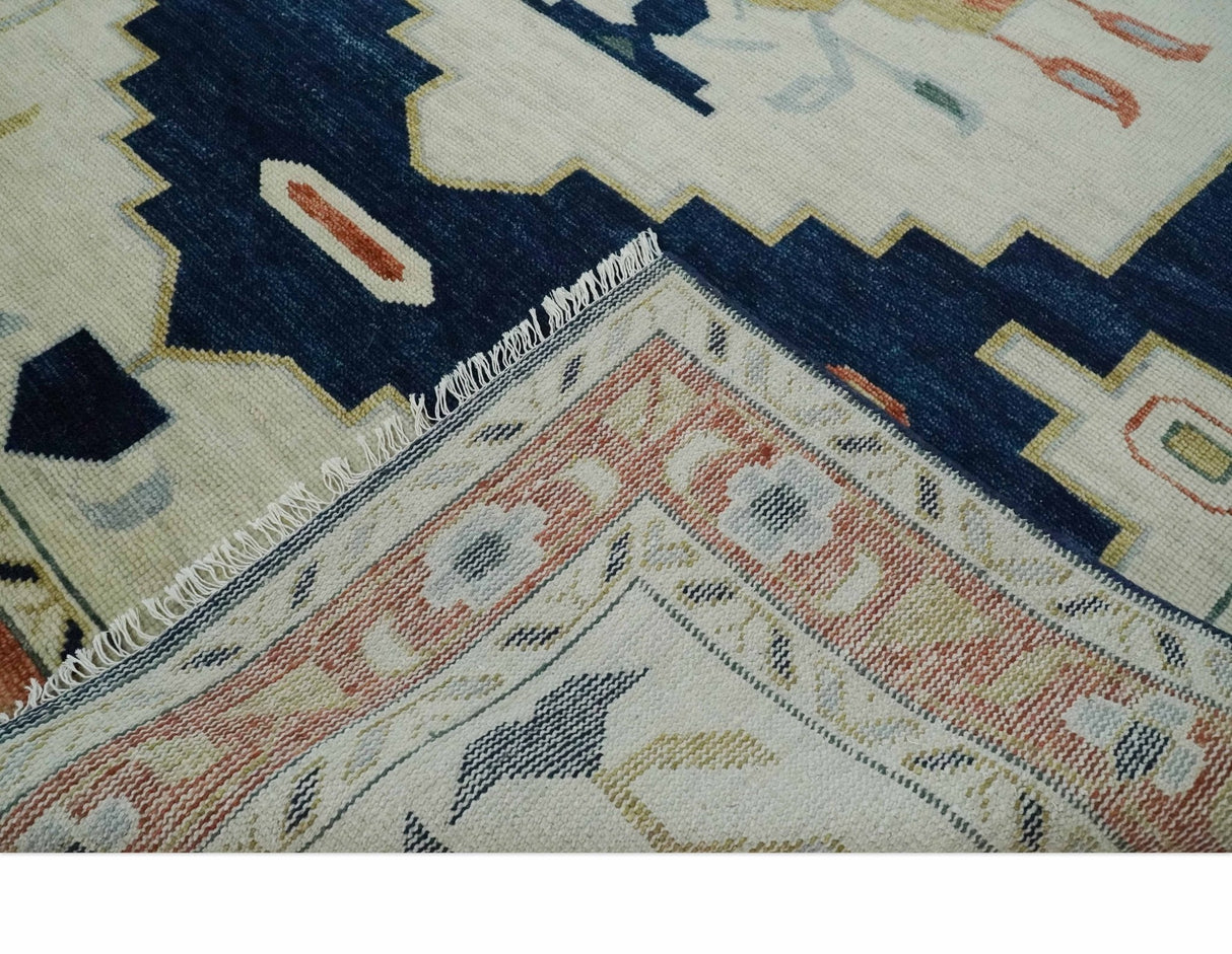 Custom Made Ivory, Blue, Beige and Rust Hand Knotted Traditional Heriz Wool Area Rug