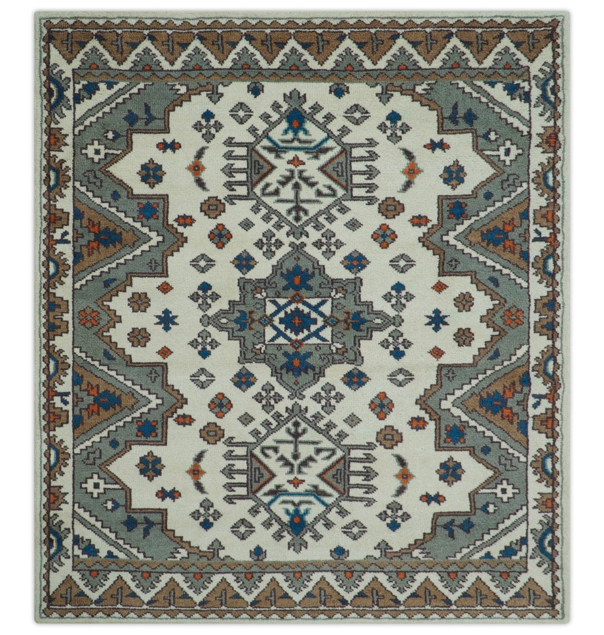 Custom Made Ivory, Gray and Camel Traditional Hand knotted Wool Area Rug