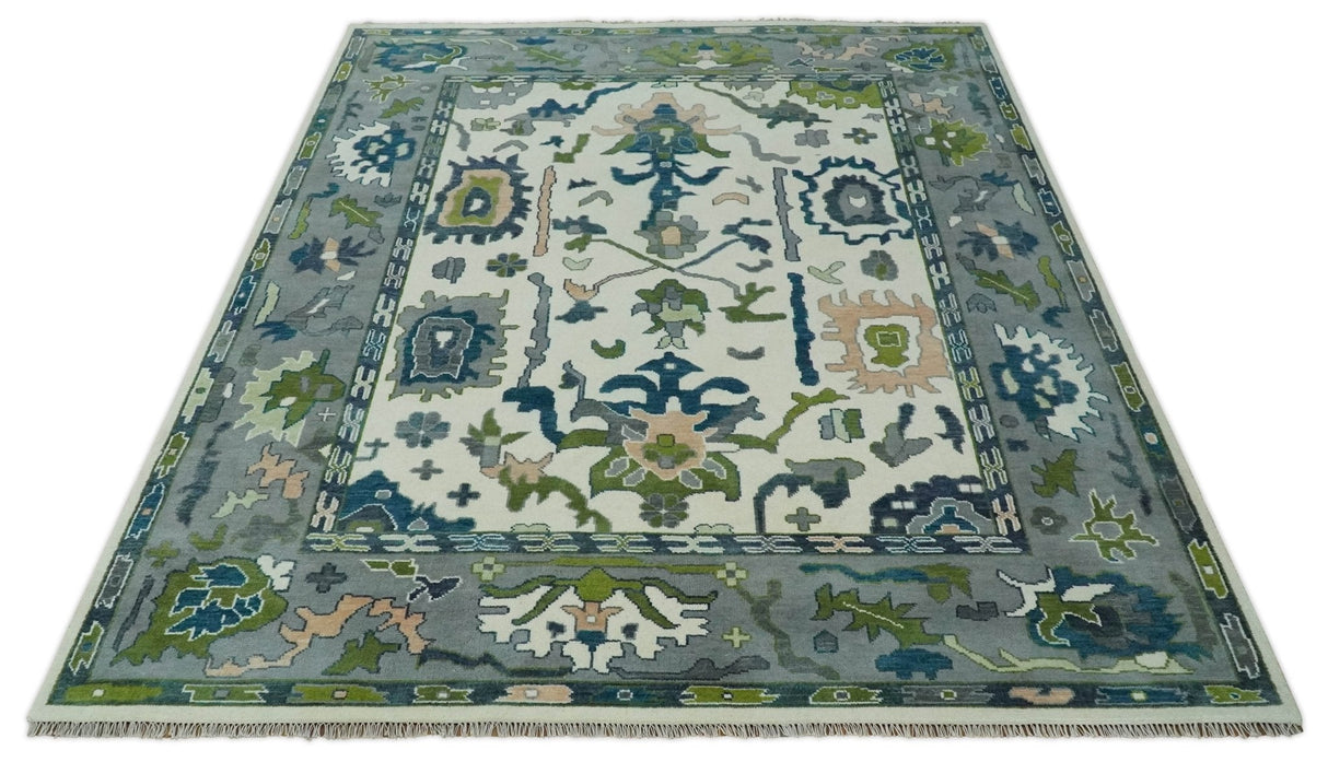Custom Made Ivory, Gray and Green Hand knotted Traditional Oushak Wool Area Rug