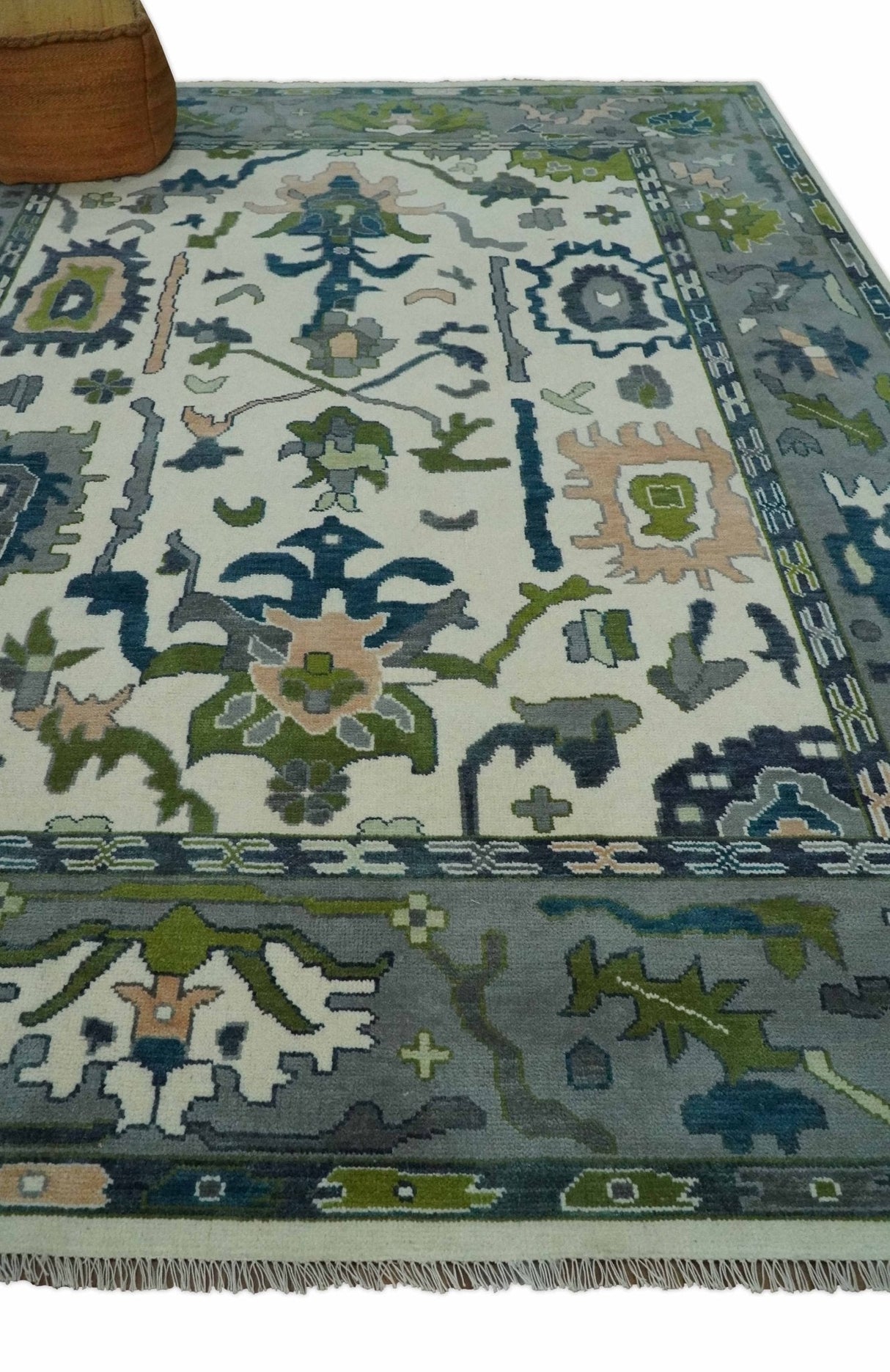 Custom Made Ivory, Gray and Green Hand knotted Traditional Oushak Wool Area Rug