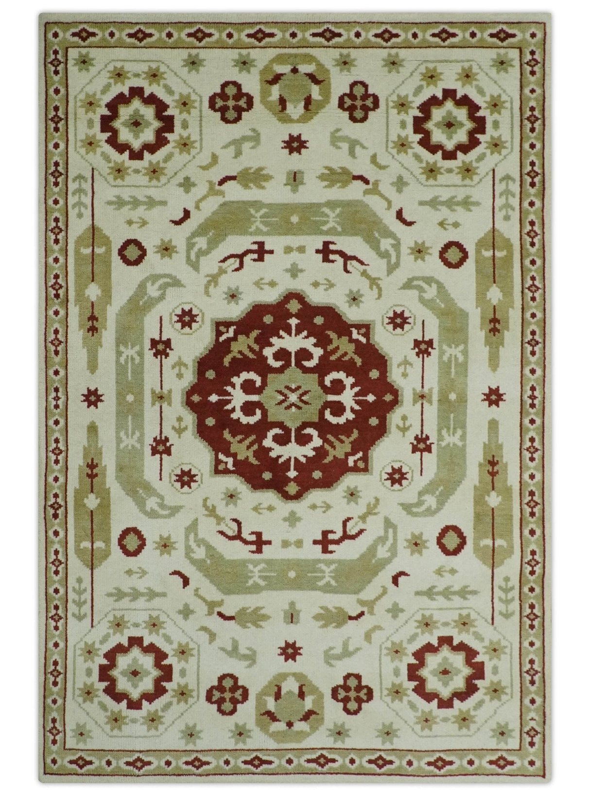 Custom Made Ivory, Olive and Maroon Traditional Medallion Mamluk Design wool Rug