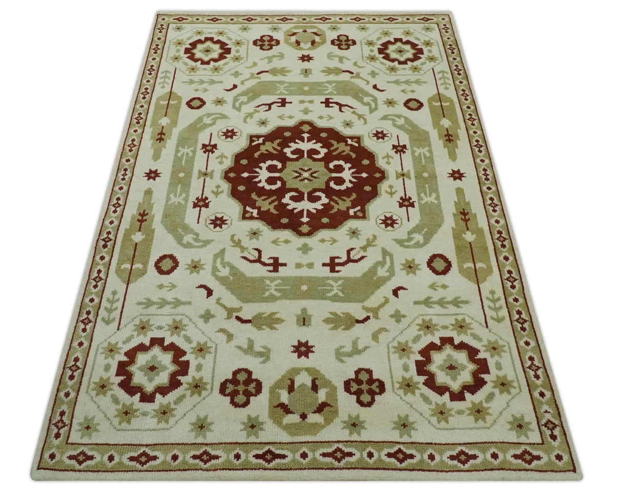 Custom Made Ivory, Olive and Maroon Traditional Medallion Mamluk Design wool Rug
