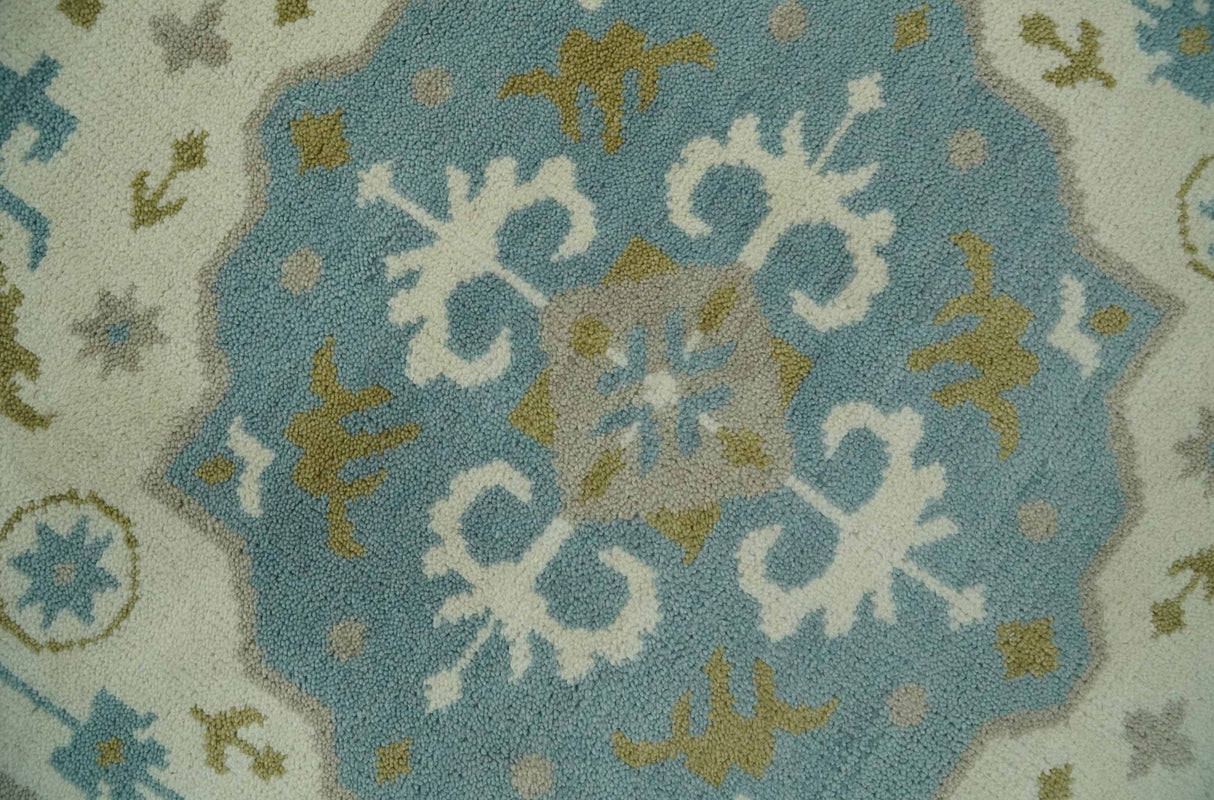 Custom Made Ivory, Olive and Teal Hand Knotted Traditional Medallion Mamluk Design wool Rug