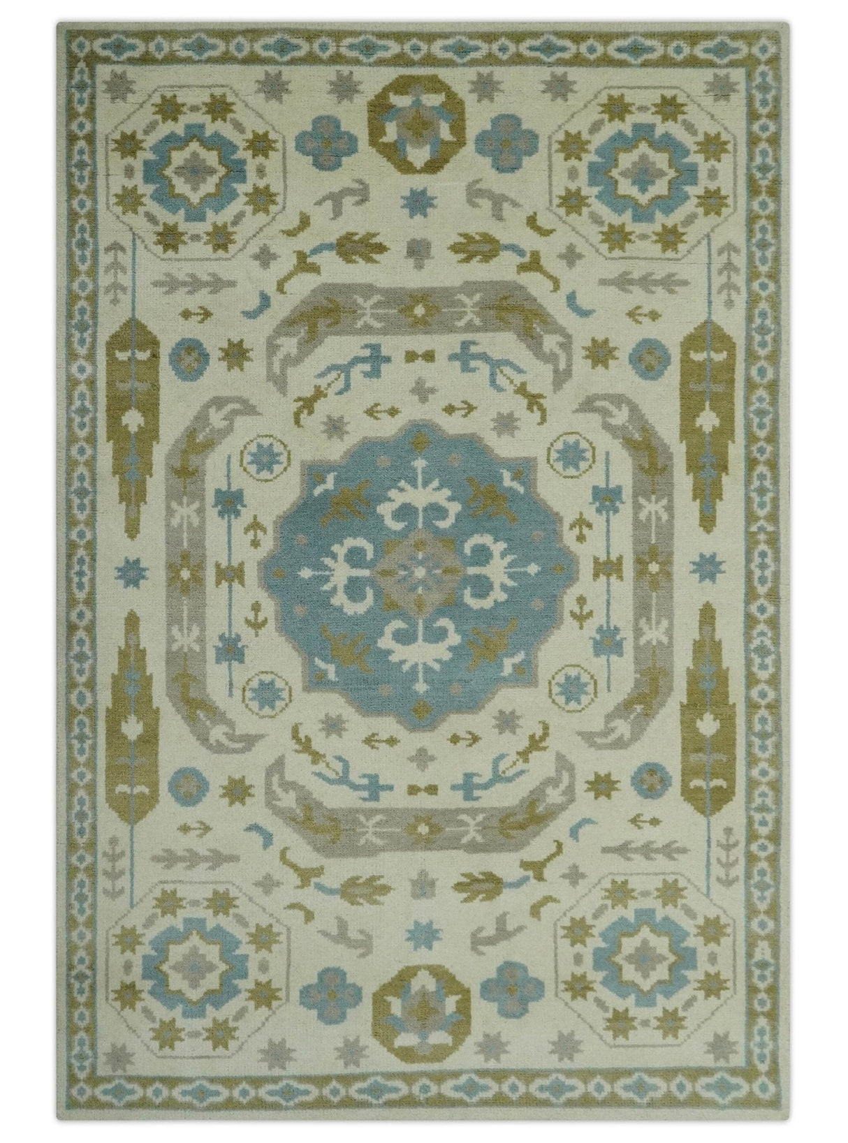 Custom Made Ivory, Olive and Teal Hand Knotted Traditional Medallion Mamluk Design wool Rug
