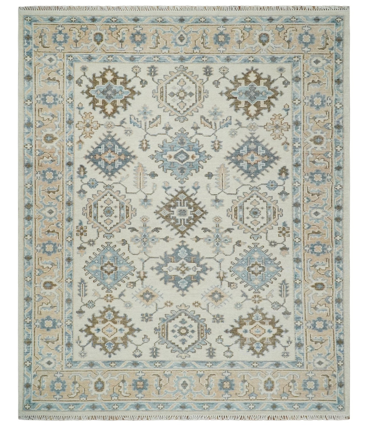 Custom Made Ivory, Peach and Gray Hand knotted Traditional Turkish Design Oushak wool Area Rug