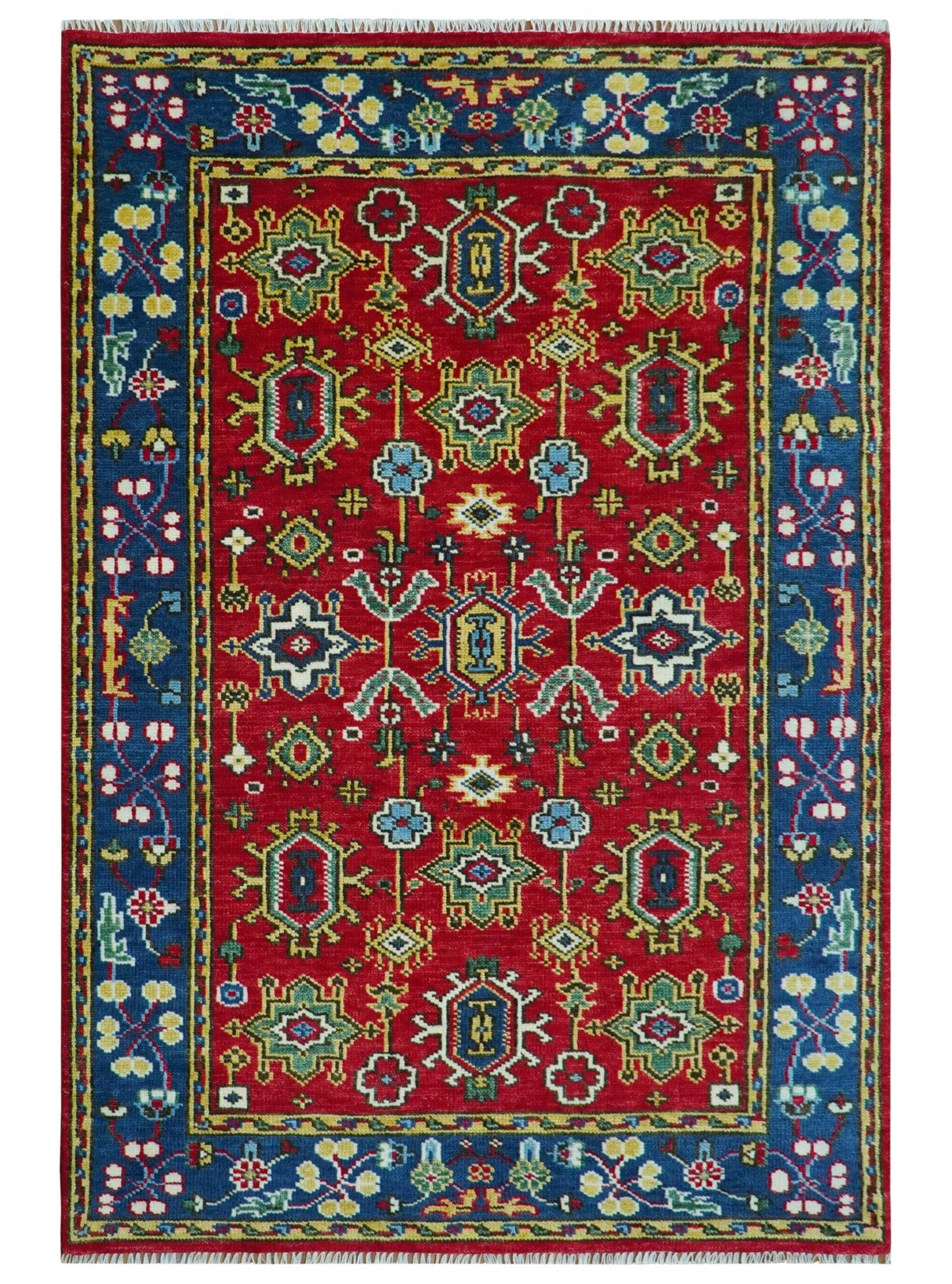 Custom Made Maroon and Blue Antique Turkish Kashgar Hand Knotted Red and Blue Traditional Oushak Wool Area Rug