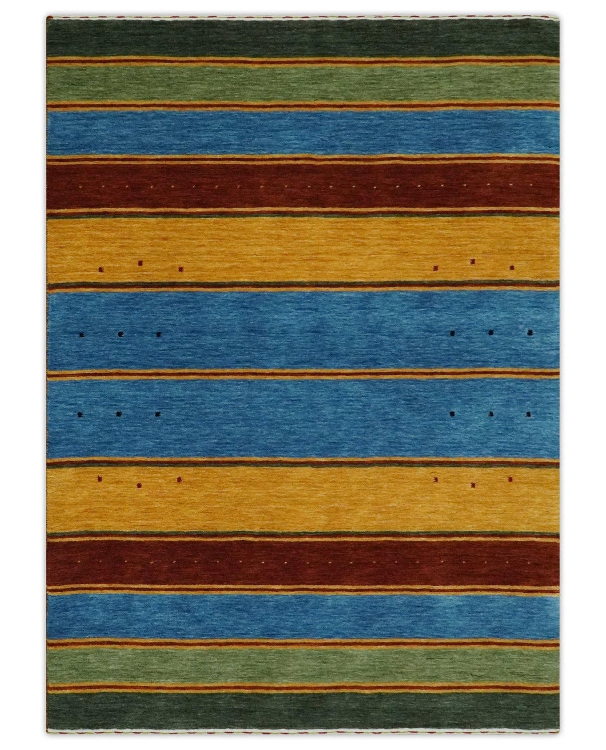 Custom Made Modern Geometrical Blue, Gold, Brown and Green Stripes Design Wool Area Rug