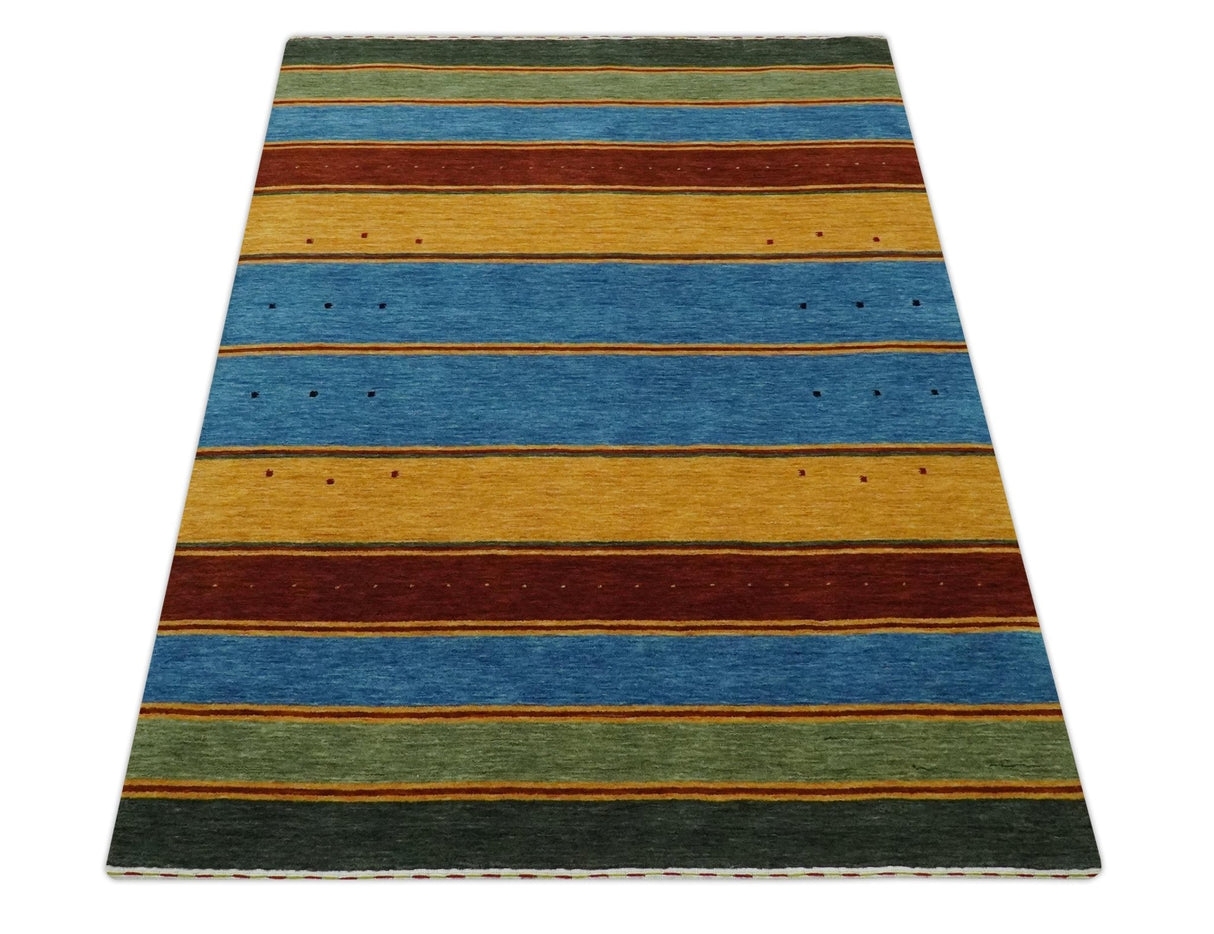 Custom Made Modern Geometrical Blue, Gold, Brown and Green Stripes Design Wool Area Rug