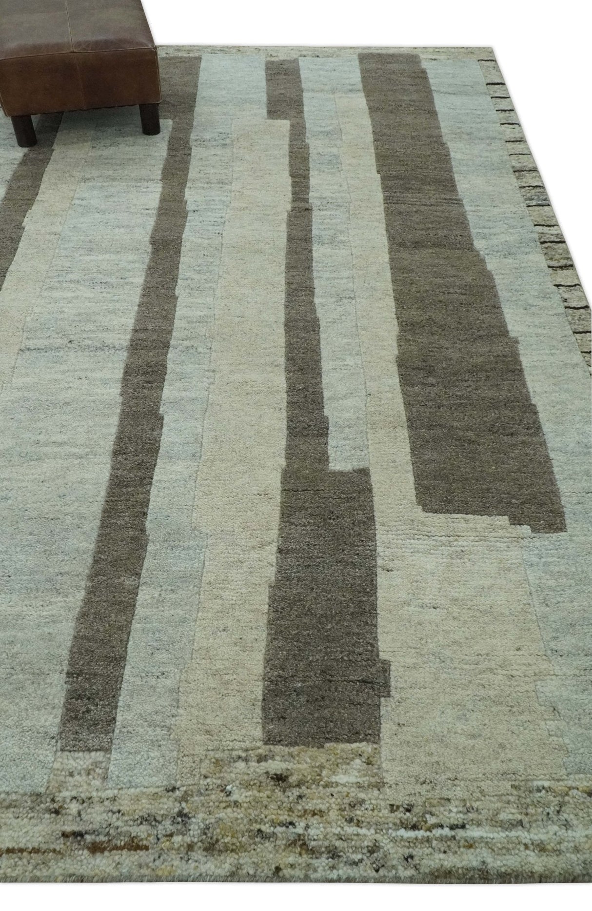 Custom Made Modern Geometrical Silver, Ivory and Charcoal Hand Knotted Wool area Rug