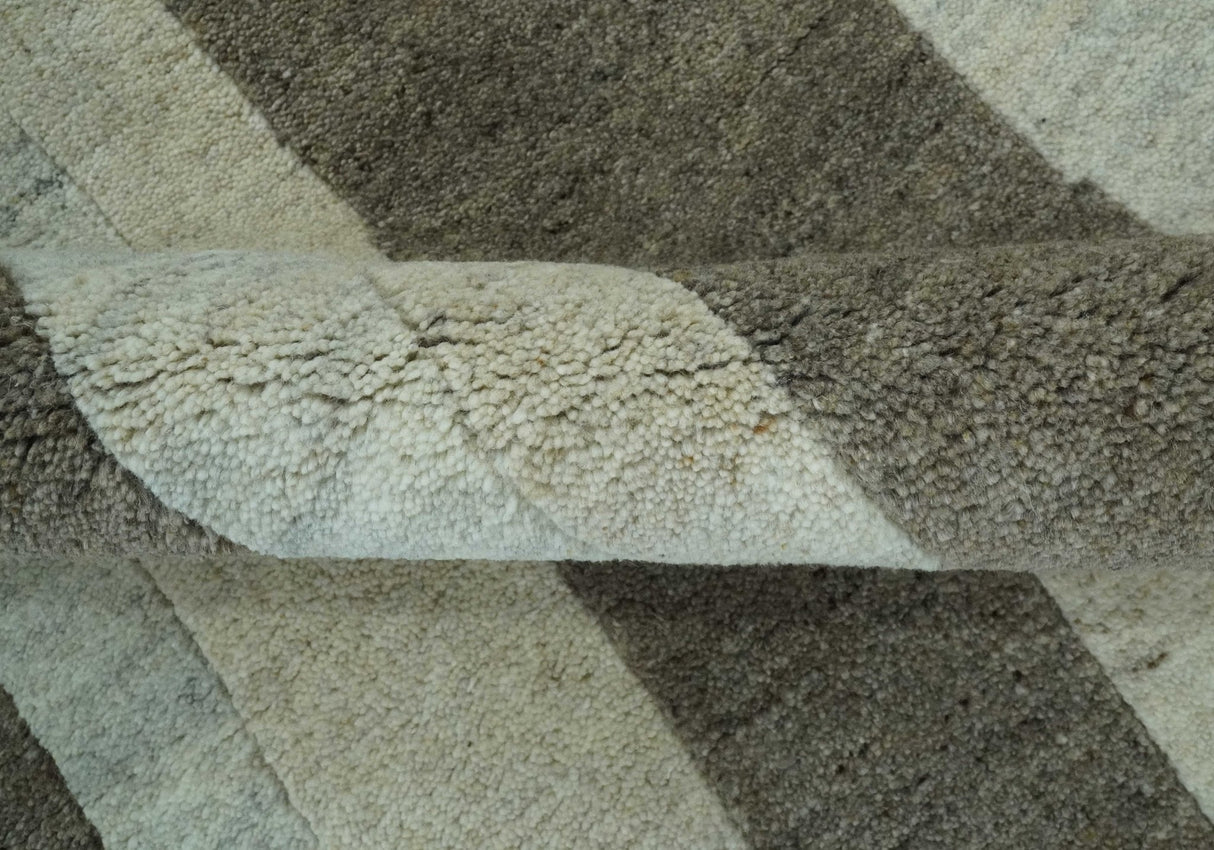 Custom Made Modern Geometrical Silver, Ivory and Charcoal Hand Knotted Wool area Rug