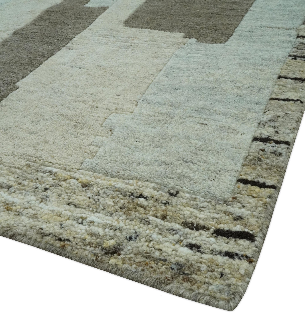 Custom Made Modern Geometrical Silver, Ivory and Charcoal Hand Knotted Wool area Rug