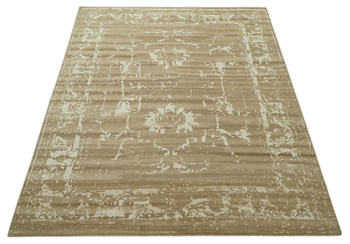 Custom Made Neutral Earthy Brown and Beige Chic Hand Knotted Natural Wool Minimal Area rug